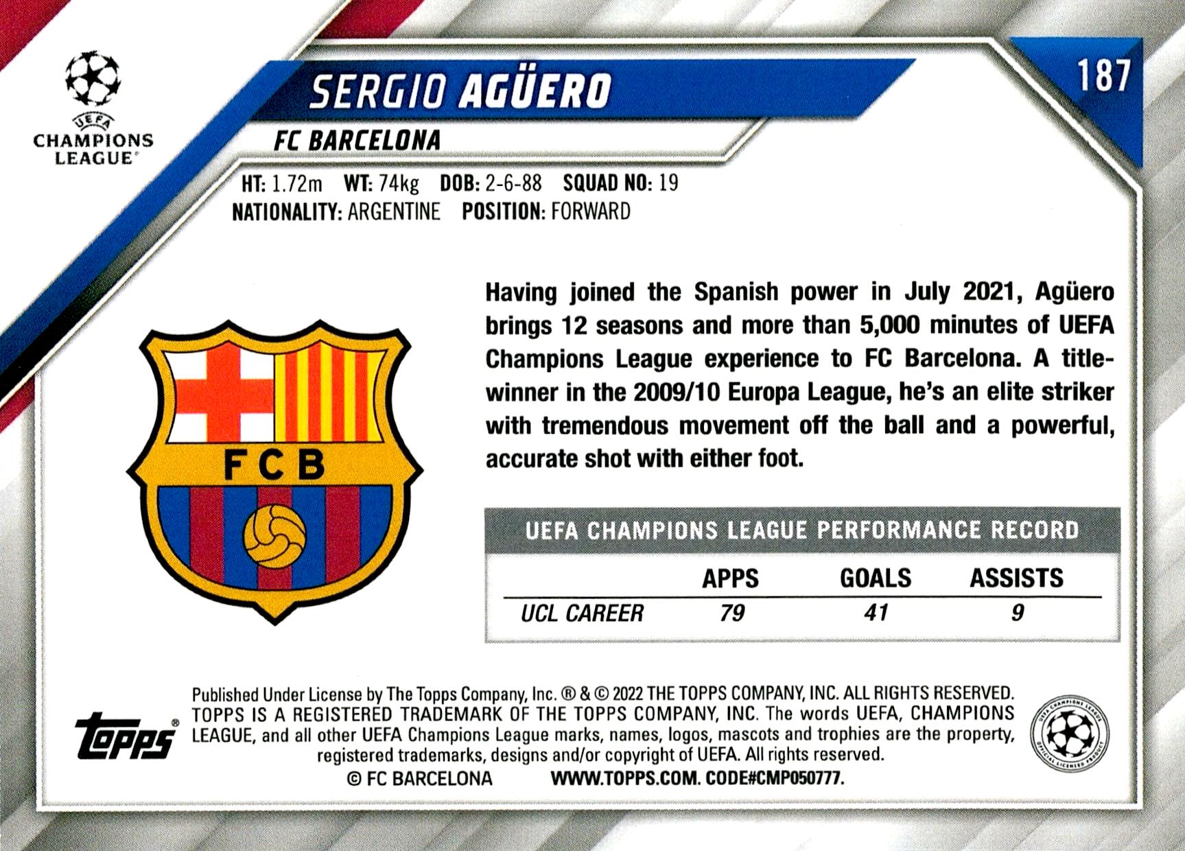 TOPPS UEFA CHAMPIONS LEAGUE 2021/2022 SERGIO AGÜERO STAR BALL Nº187
