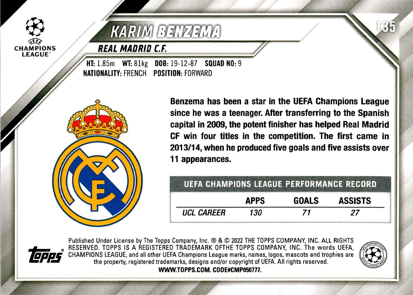 TOPPS UEFA CHAMPIONS LEAGUE 2021/2022 BANZEMA Nº135