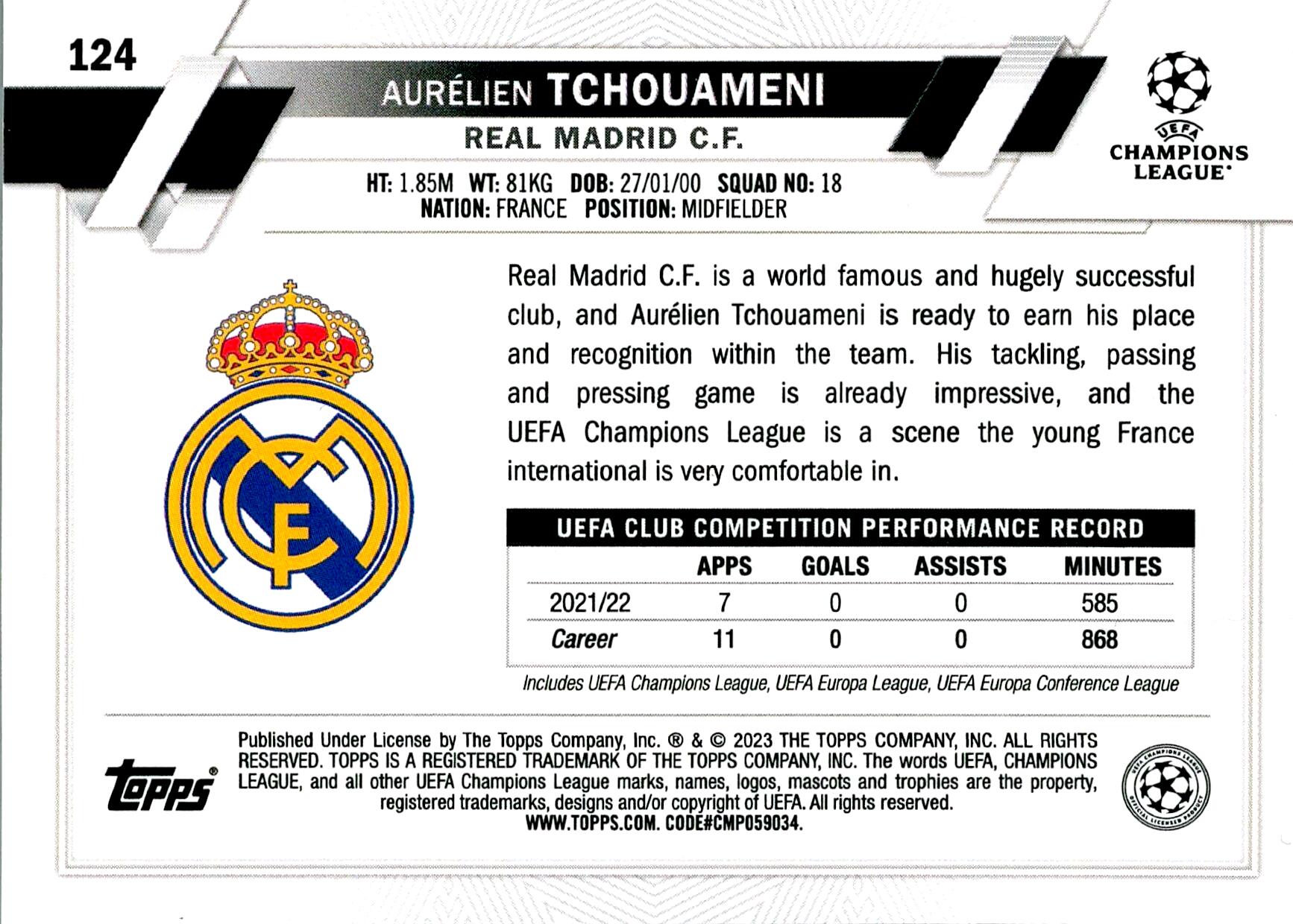 TOPPS UEFA CHAMPIONS LEAGUE 2022/2023 TCHOUAMENI Nº124 FUTURE STARS