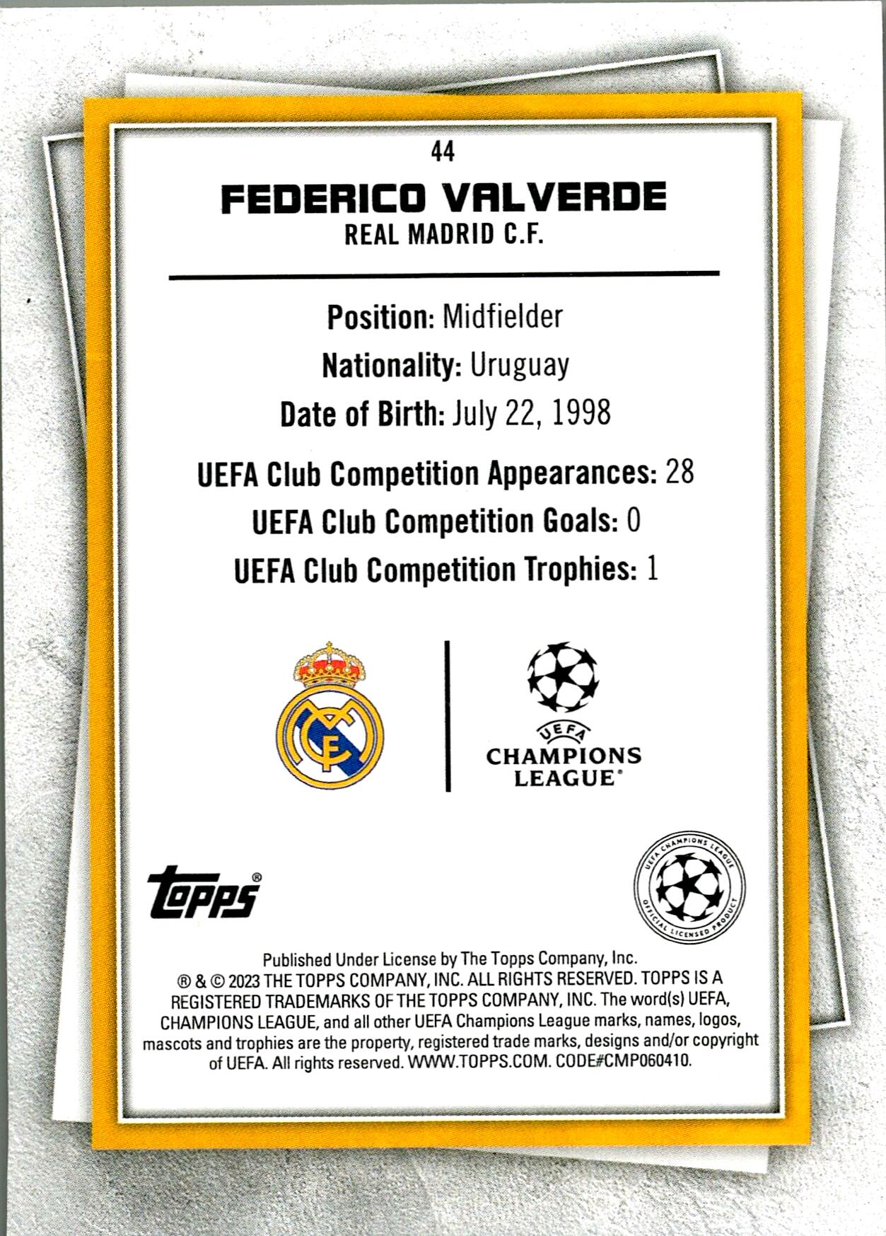 TOPPS SUPER STARS 2023/2024 FEDE VALVERDE Nº44 AMARILLO