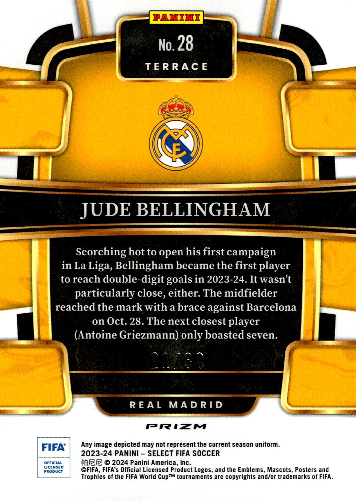 PANINI SELECT FIFA 2023/2024 JUDE BELLINGHAM Nº28 NUMERADA /30