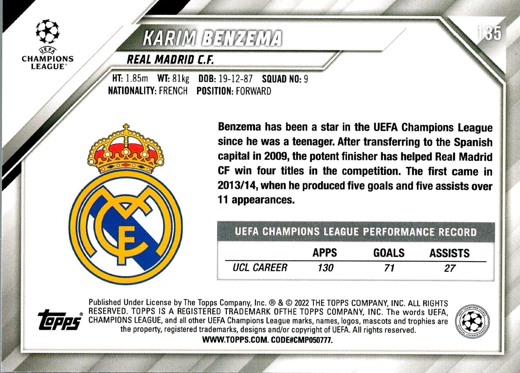 TOPPS UEFA CHAMPIONS LEAGUE 2021/2022 BANZEMA Nº135 1ST EDITION