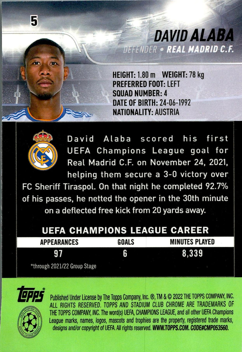 TOPPS STADIUM CHROME UCL 2021/2022 DAVID ALABA