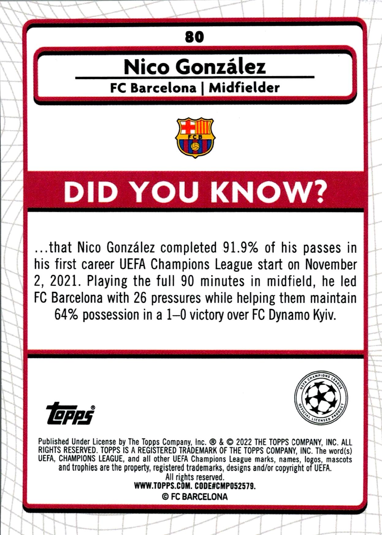 TOPPS MERLIN UCL 2021/2022 NICO GONZALEZ Nº80 ROOKIE