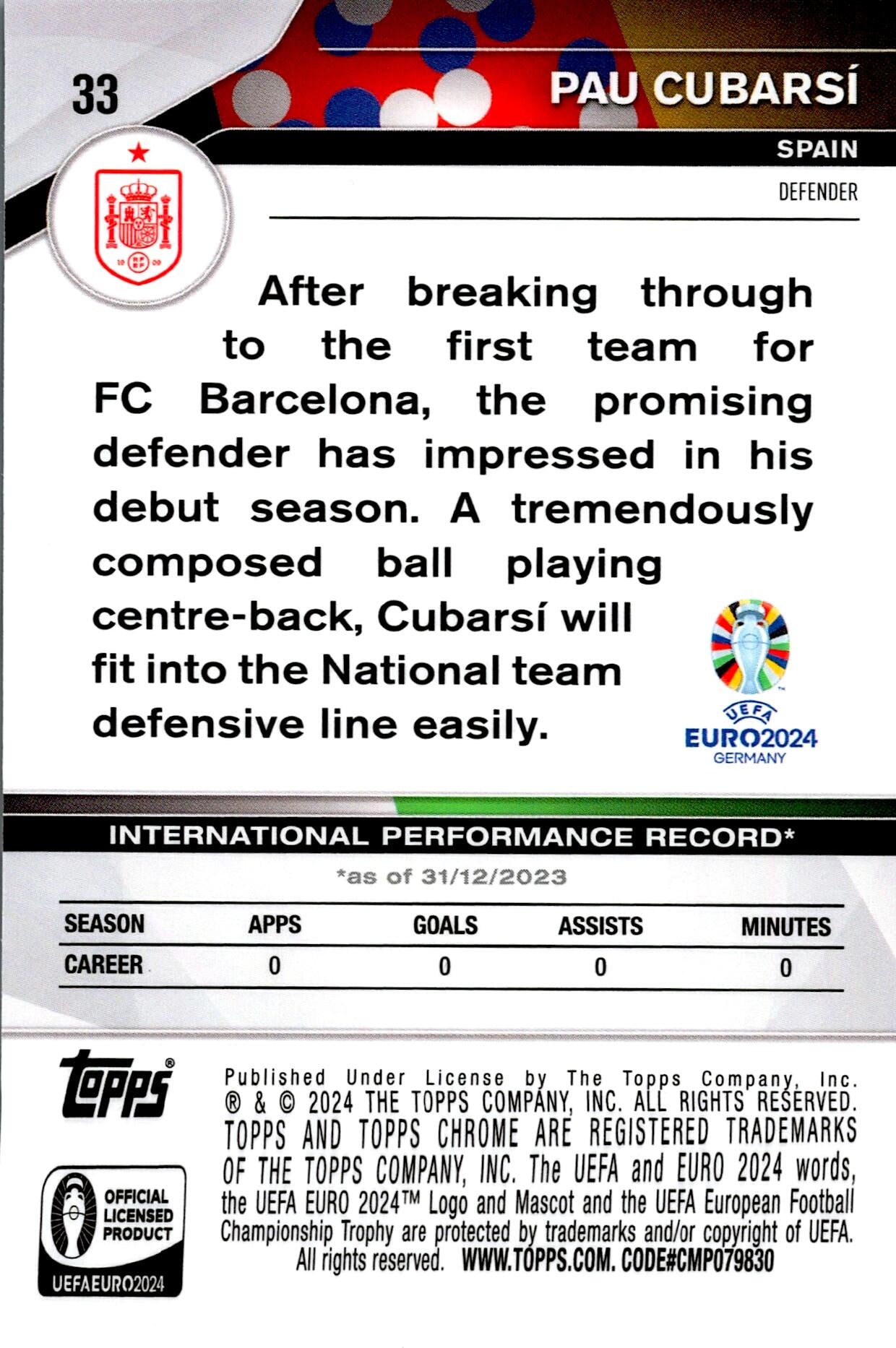 TOPPS CHROME UCL 2023/2024 PAU CUBARSÍ Nº33