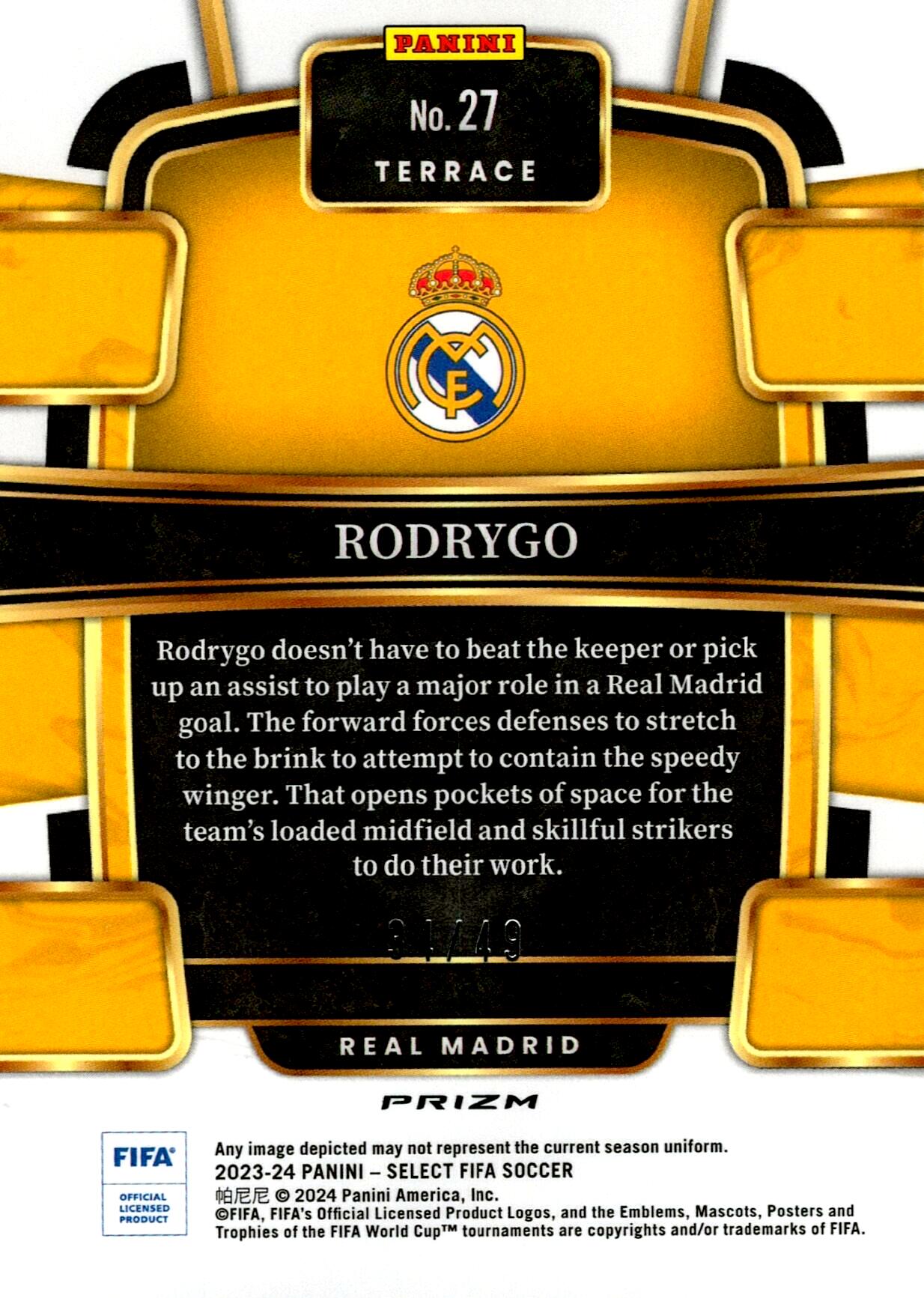 PANINI SELECT FIFA 2023/2024 RODRYGO Nº27 NUMERADA /49