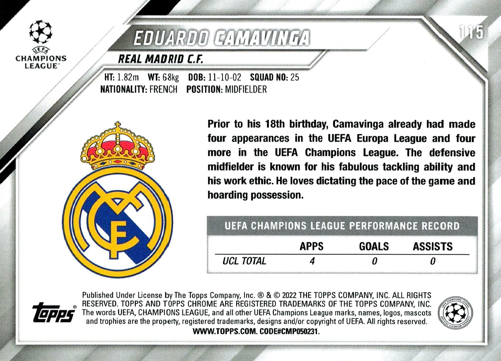 TOPPS CHROME UEFA CHAMPIONS LEAGUE 2021/2022 - CAMAVINGA Nº115 INSERT