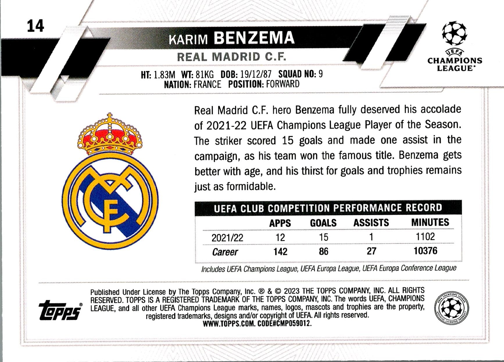 TOPPS UEFA CHAMPIONS LEAGUE 2022/2023 BANZEMA Nº14 1ST EDITION