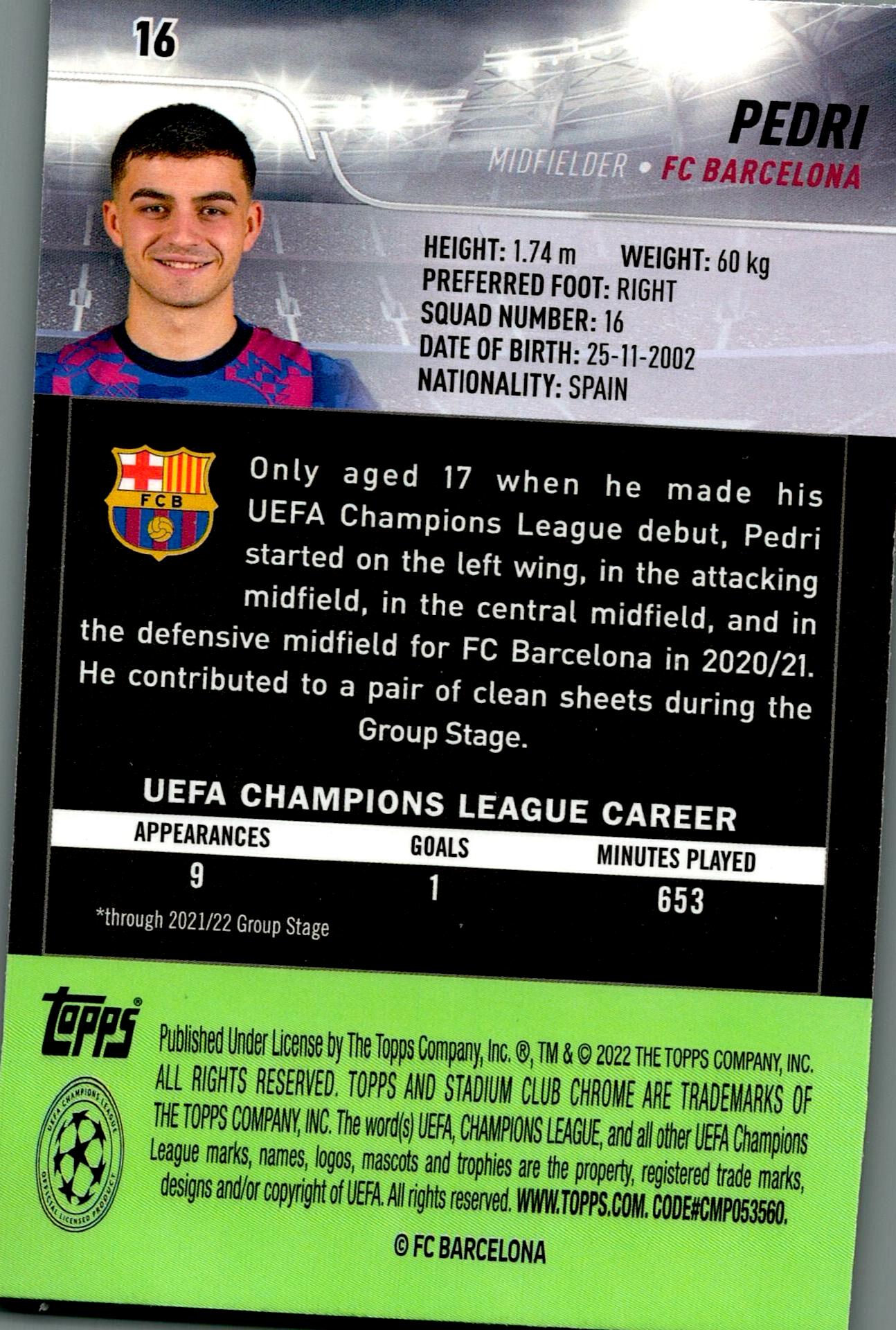 TOPPS STADIUM CHROME 2021/2022 PEDRI Nº16