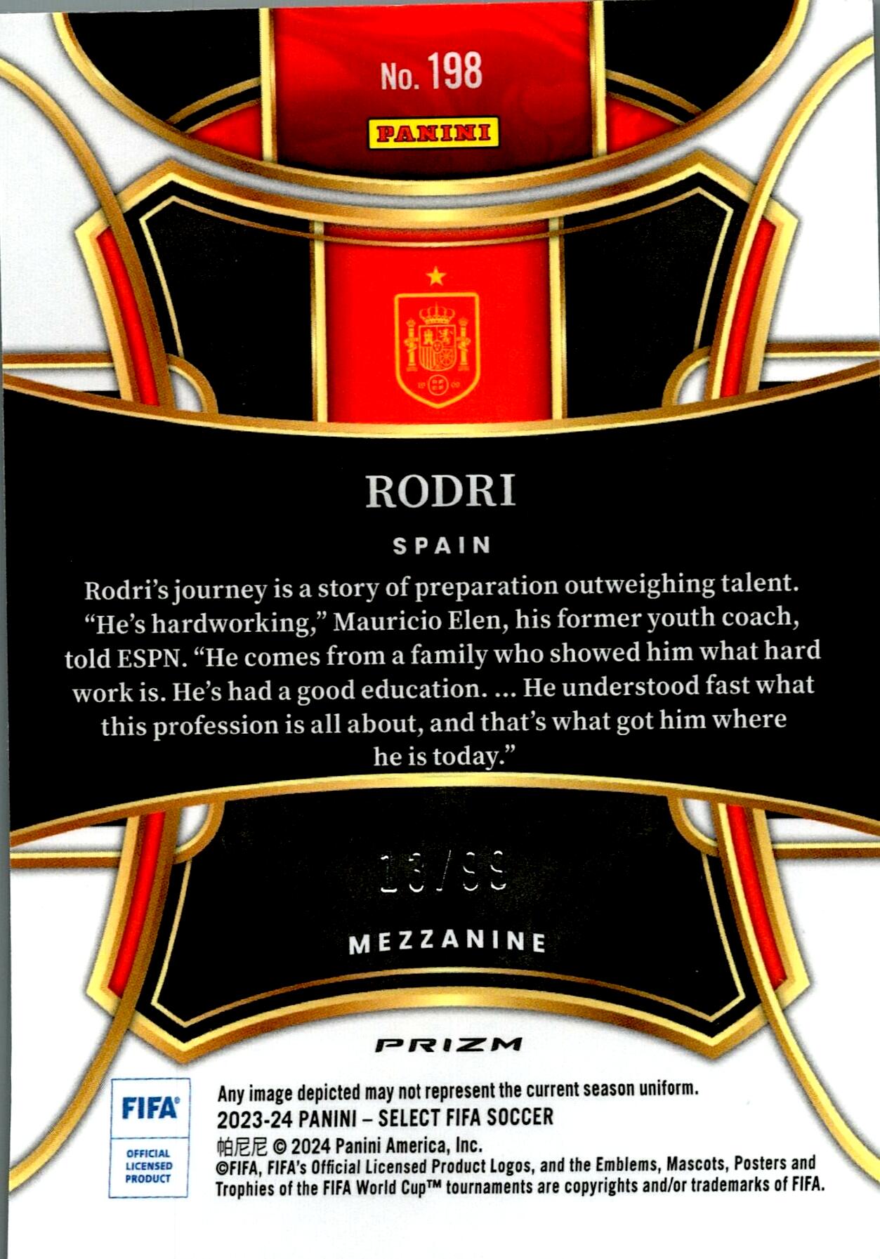 PANINI SELECT FIFA 2023/2024 RODRI CAMO Nº198 NUMERADA /99