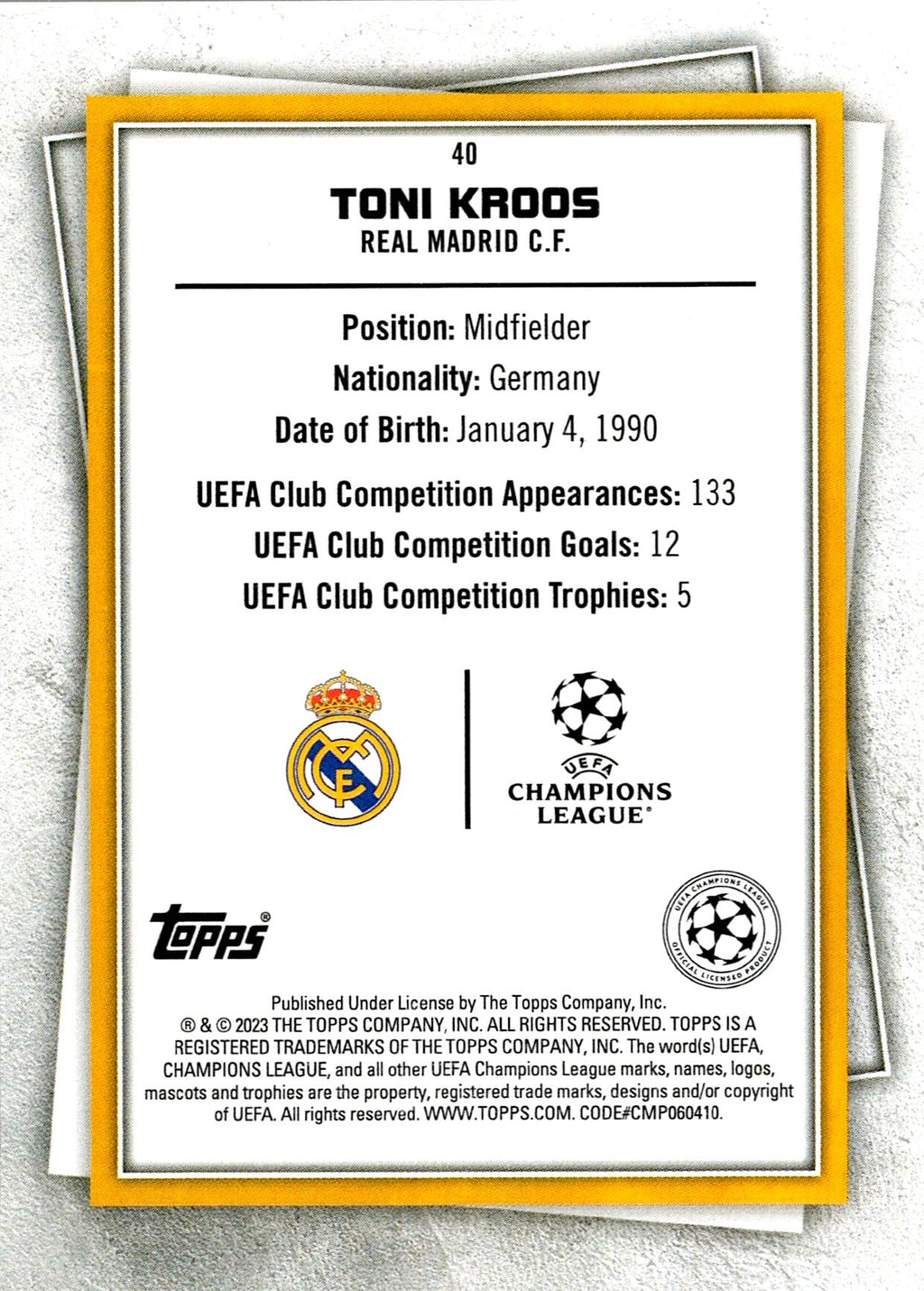 TOPPS SUPERSTAR 2023 TONI KROOS Nº40 YELLOW