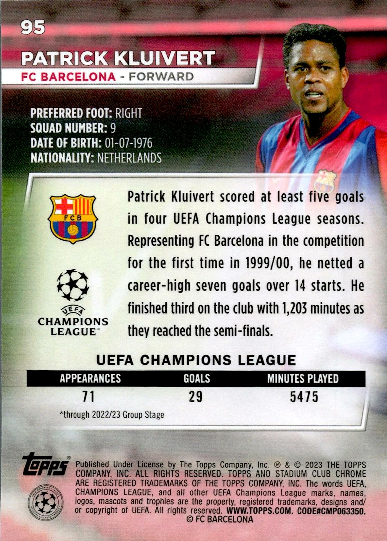 TOPPS STADIUM CHROME 2022/2023 PATRICK KLUIVERT Nº95