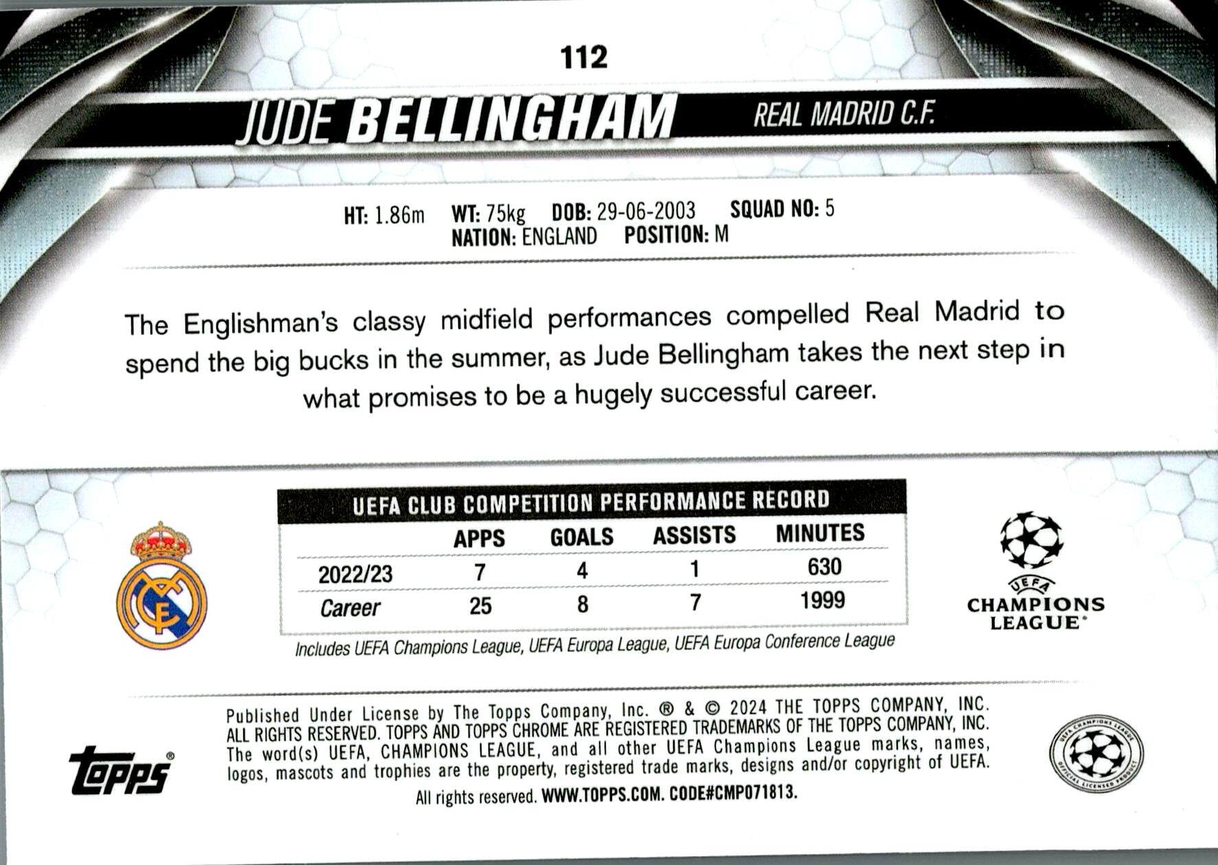 TOPPS CHROME UCL 2023/2024 JUDE BELLINGHAM BLUE PRISM PARALLEL Nº112