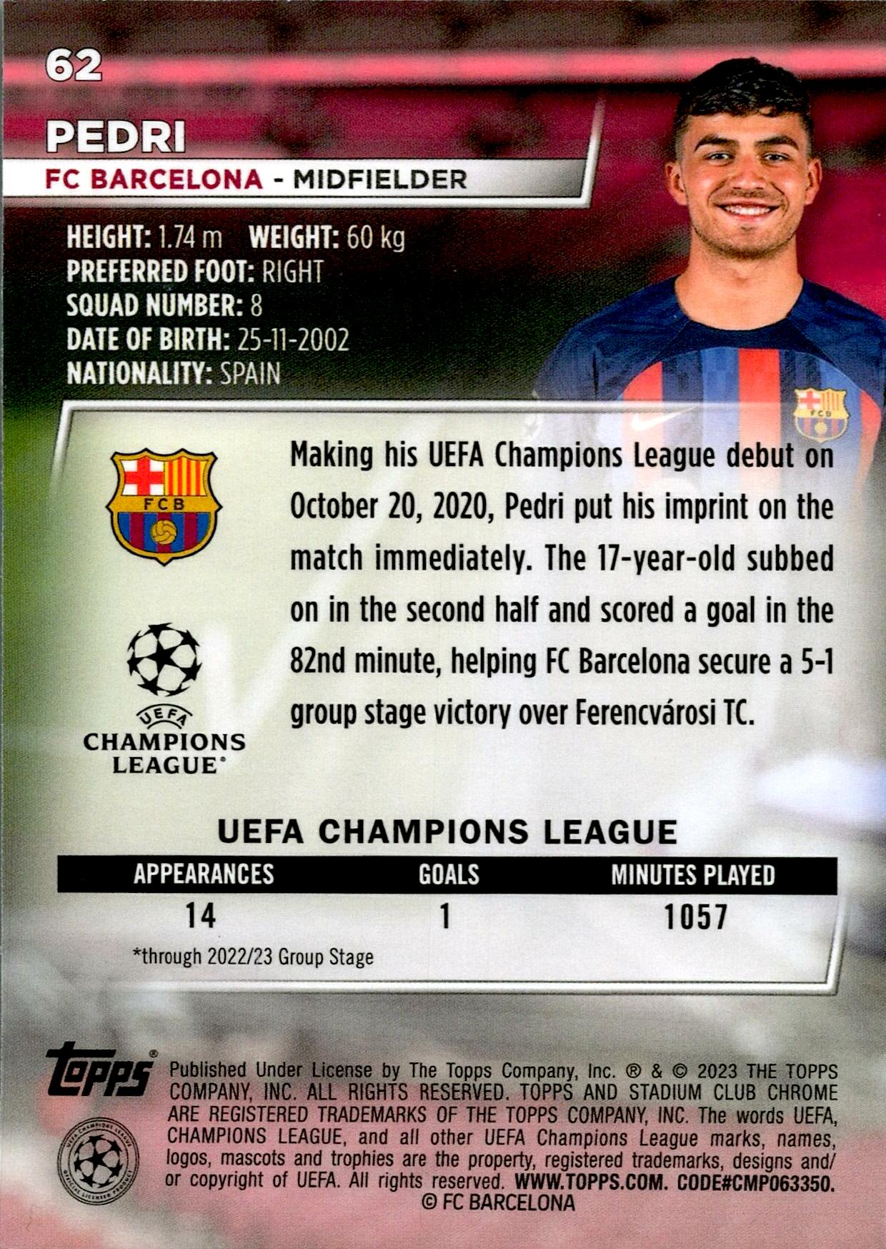 TOPPS STADIUM CHROME 2022/2023 PEDRI Nº62