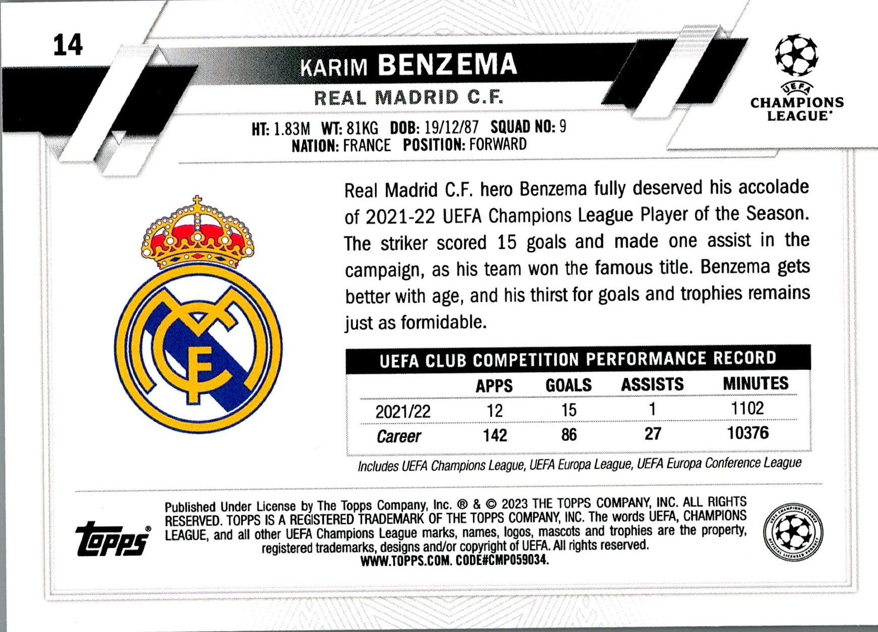 TOPPS UEFA CHAMPIONS LEAGUE 2022/2023 BANZEMA Nº14
