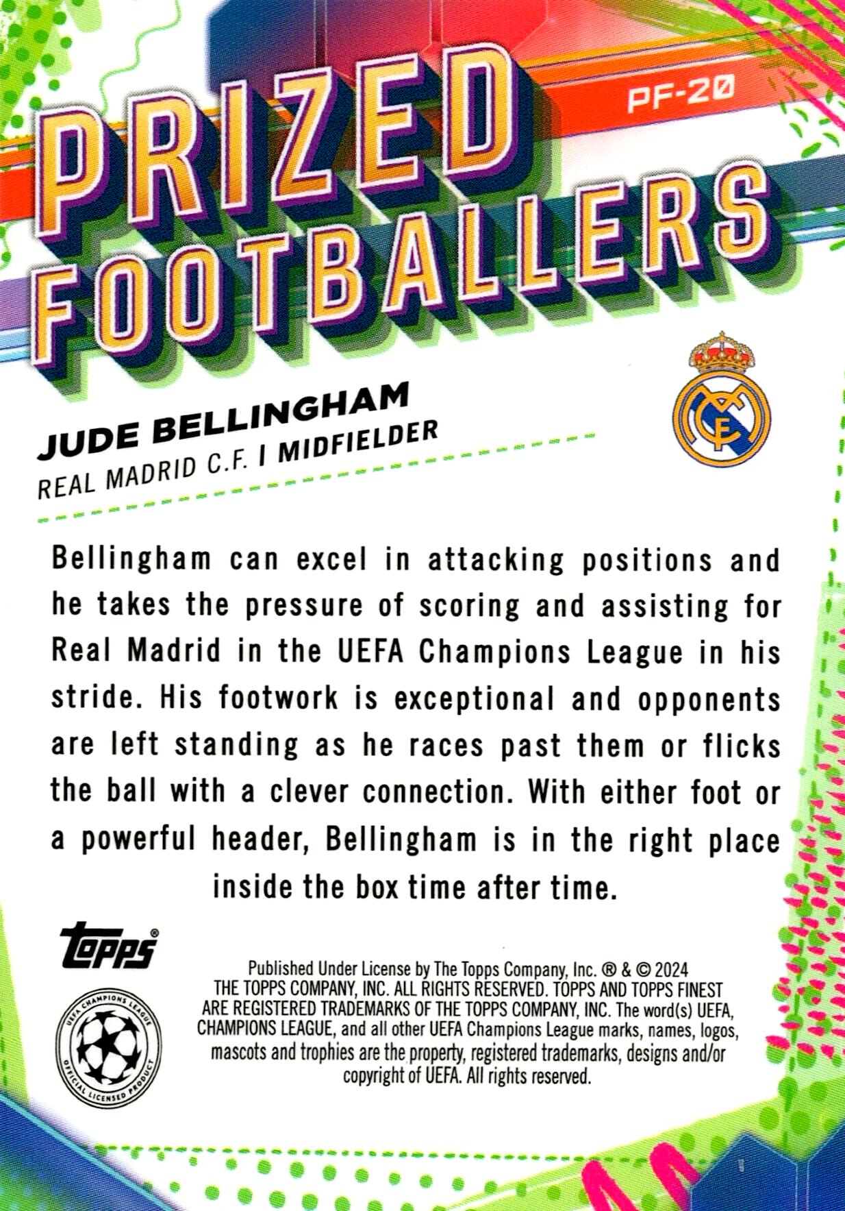 TOPPS FINEST 2023/2024 BELLINGHAM PRIZED FOOTBALLERS NºPF-20