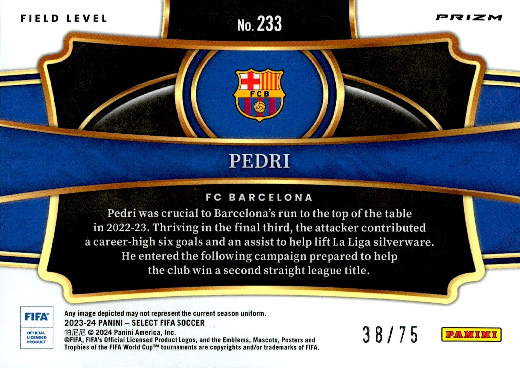 PANINI SELECT FIFA 2023/2024 PEDRI Nº233 NUMERADA /75