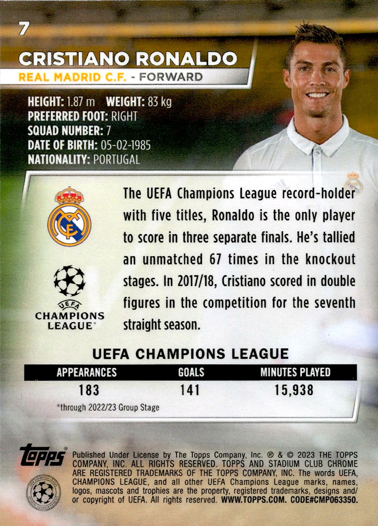 TOPPS STADIUM CHROME UCL 2022/2023 CRISTIANO RONALDO Nº7
