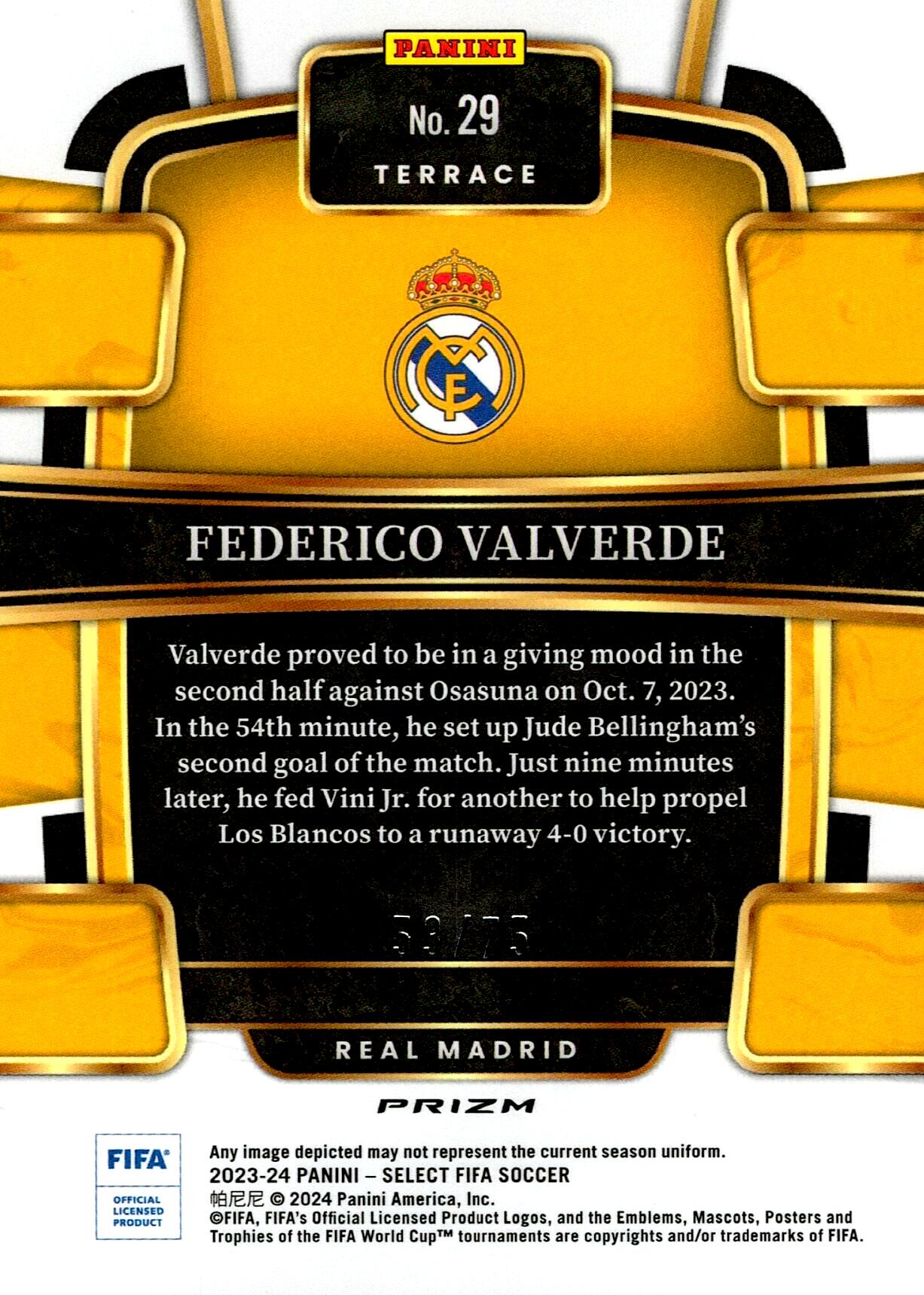 PANINI SELECT FIFA 2023/2024 VALVERDE Nº29 NUMERADA /75