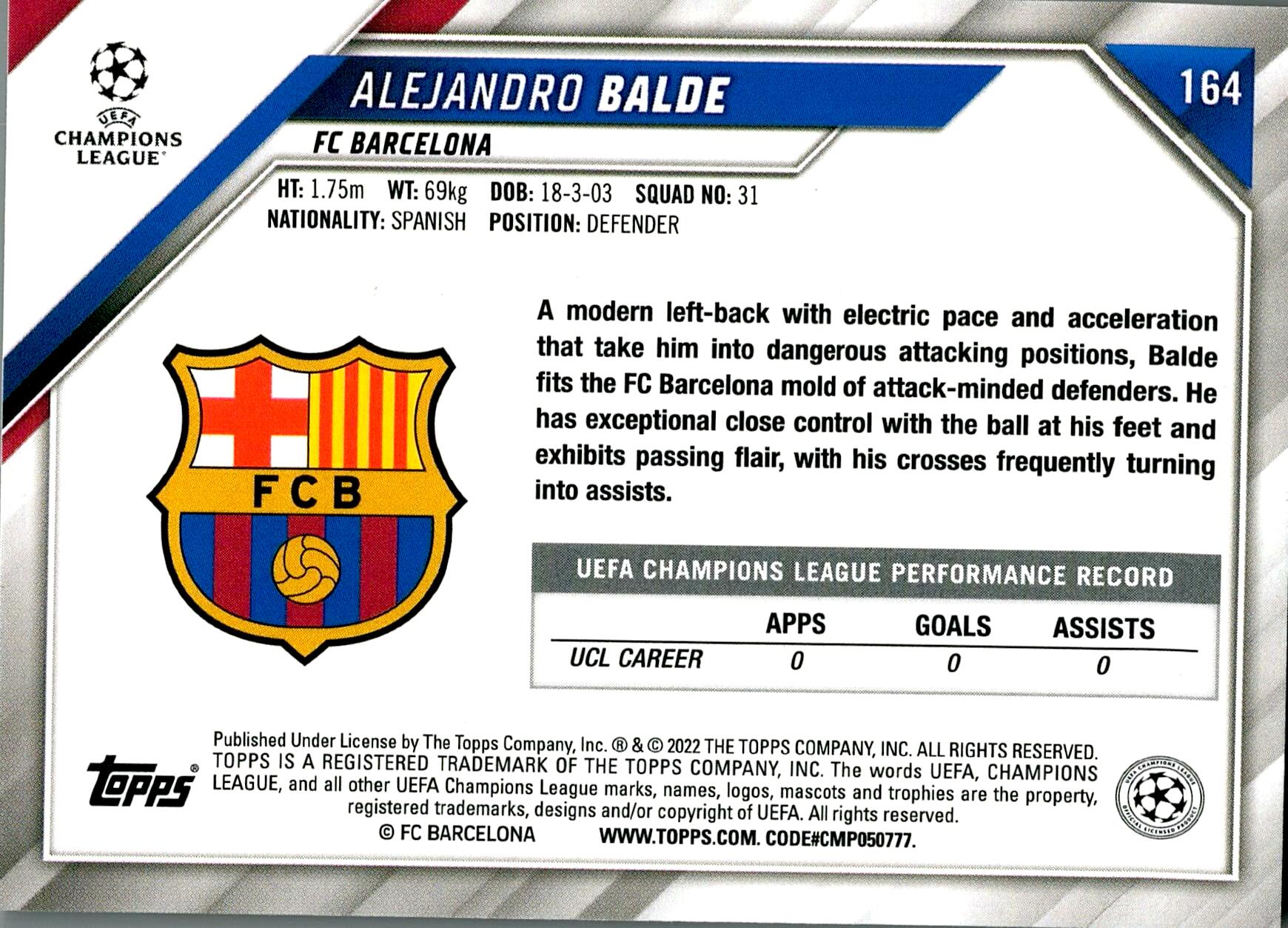 TOPPS UEFA CHAMPIONS LEAGUE 2021/2022 ALEJANDRO BALDE Nº164 ROOKIE 1ST