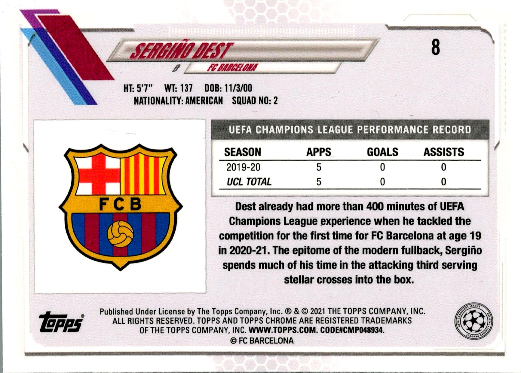 TOPPS UEFA CHAMPIONS LEAGUE 2020/2021 SERGIÑO DEST STEVE AOKI Nº8