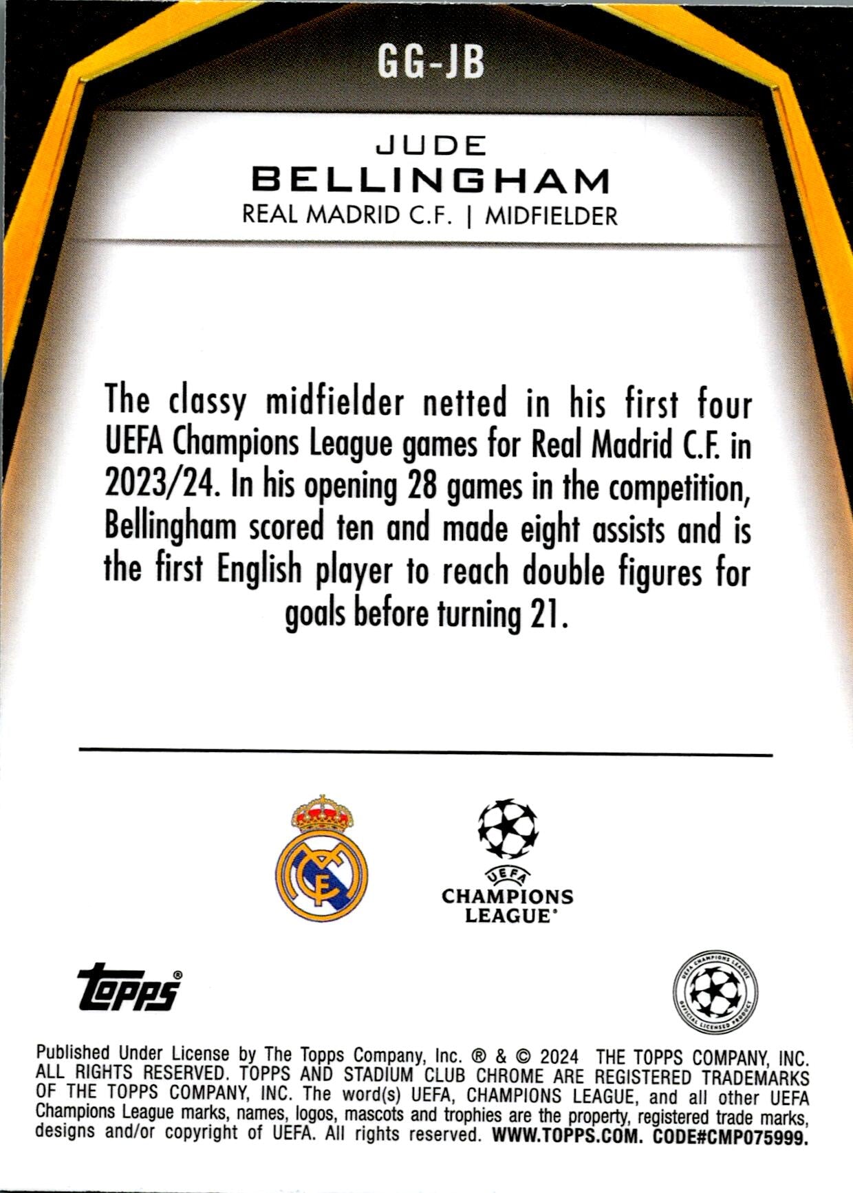 TOPPS STADIUM CHROME 2023/2024 JUDE BELLINGHAM GLIMPSES OF GOLD NºGG-JB