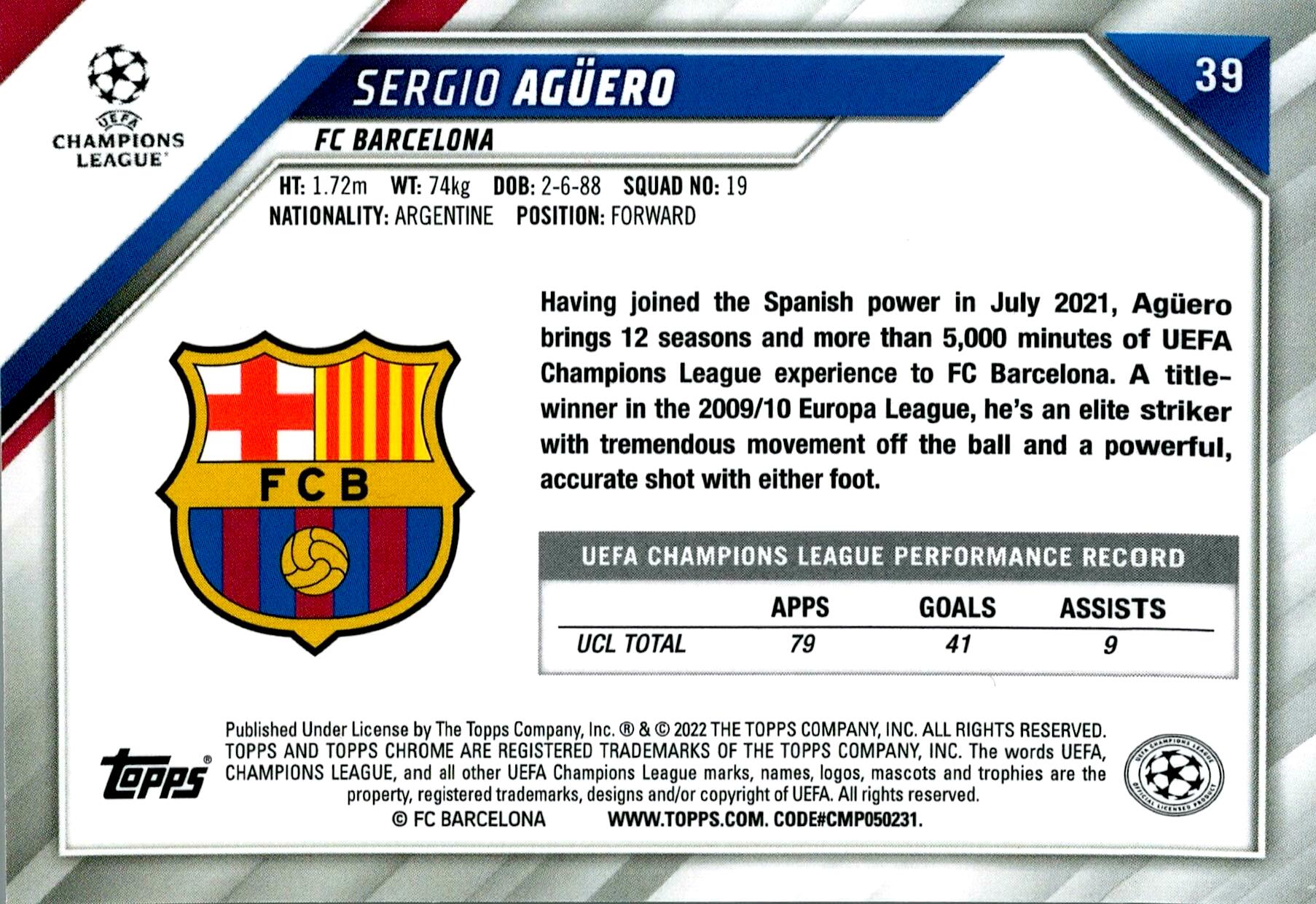 TOPPS UEFA CHAMPIONS LEAGUE 2021/2022 SERGIO AGÜERO REFRACTOR Nº39