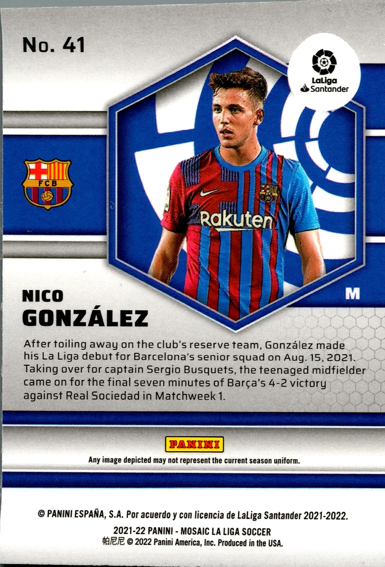 PANINI MOSAIC LA LIGA 2021/2022 NICO GONZALEZ Nº41 ROOKIE