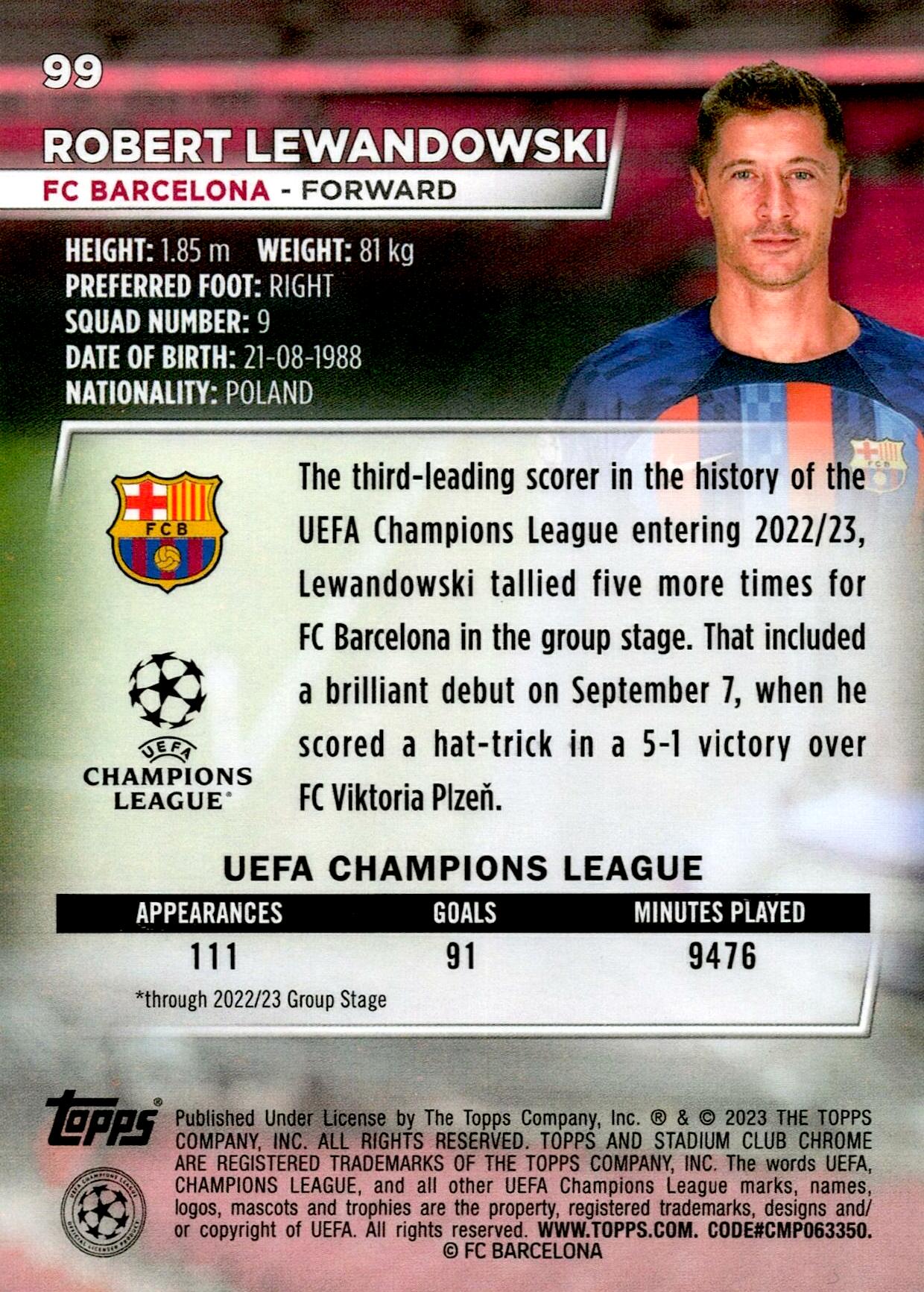 TOPPS STADIUM CHROME 2022/2023 LEWANDOWSKI Nº99