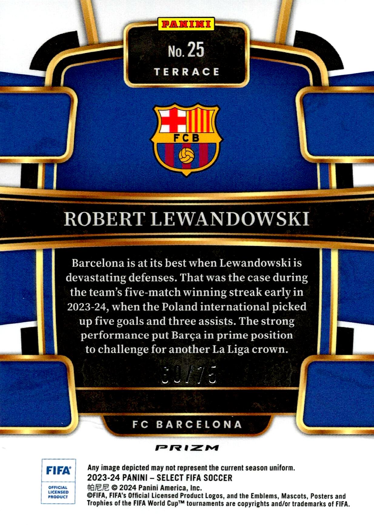 PANINI SELECT FIFA 2023/2024 LEWANDOWSKI Nº25 NUMERADA /75