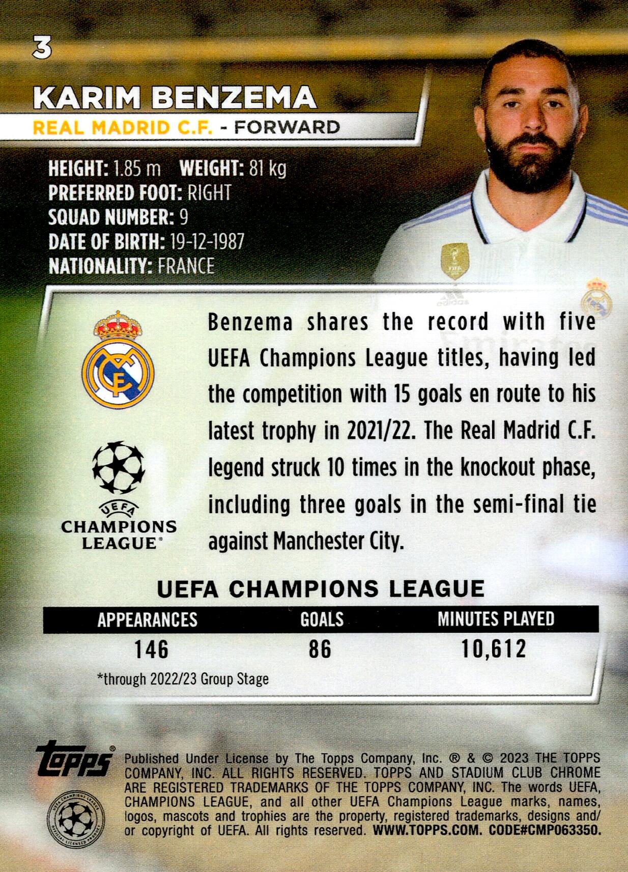TOPPS STADIUM CHROME 2022/2023 BENZEMA Nº3
