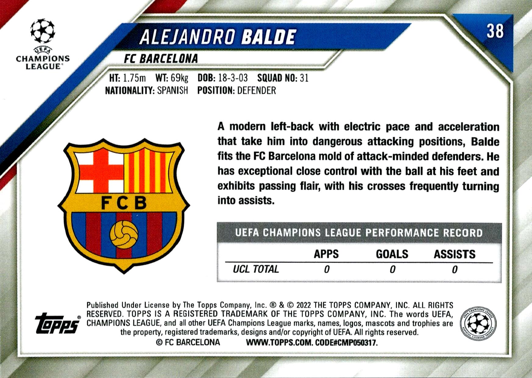 TOPPS CHROME UCL 2021/2022 ALEJANDRO BALDE BLUE ZAFIRO Nº38 ROOKIE