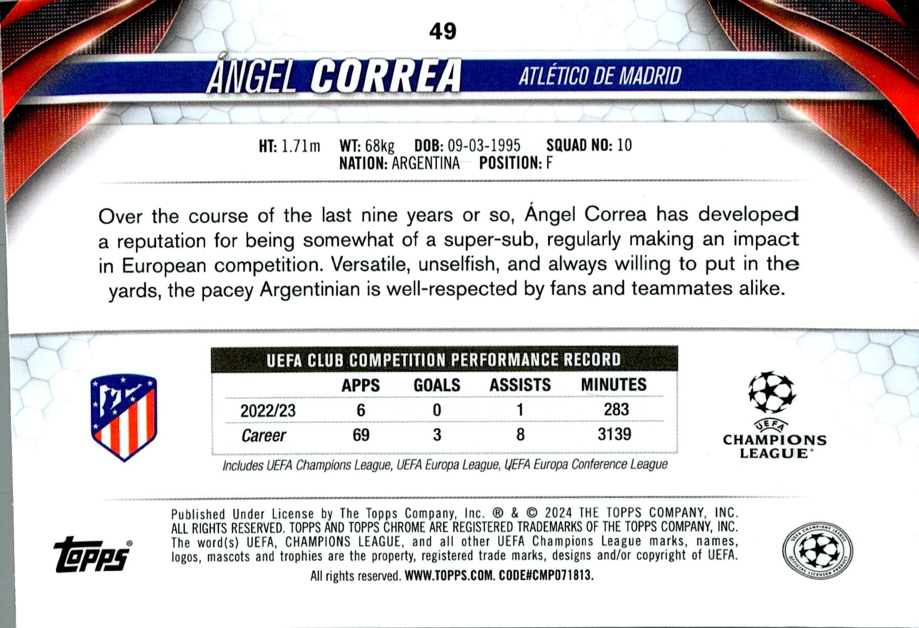 TOPPS CHROME UCL 2023/2024 ÁNGEL CORREA PINK PARALLEL Nº49