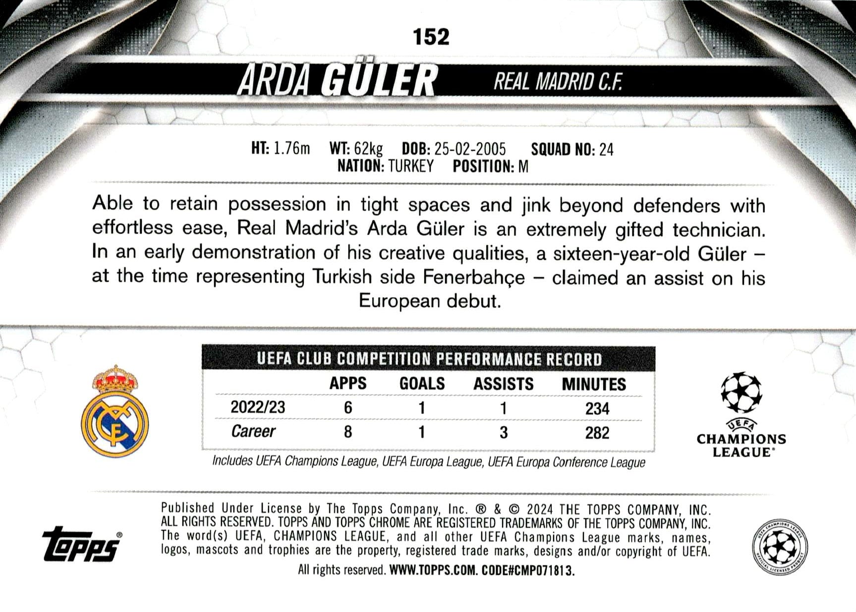 TOPPS CHROME UCL 2023/2024 ARDA GÜLER Nº152 NUMERADA /175