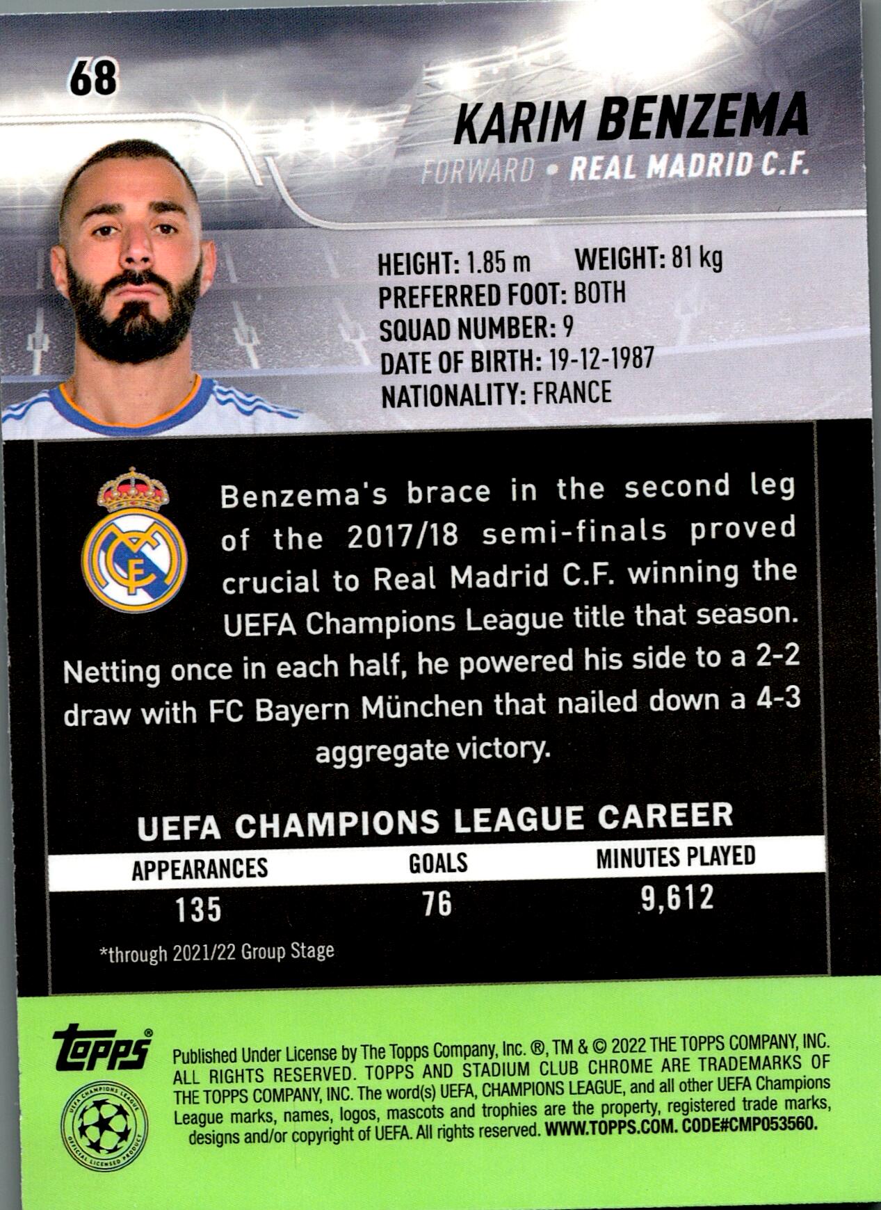 TOPPS STADIUM CHROME 2021/2022 BENZEMA Nº68