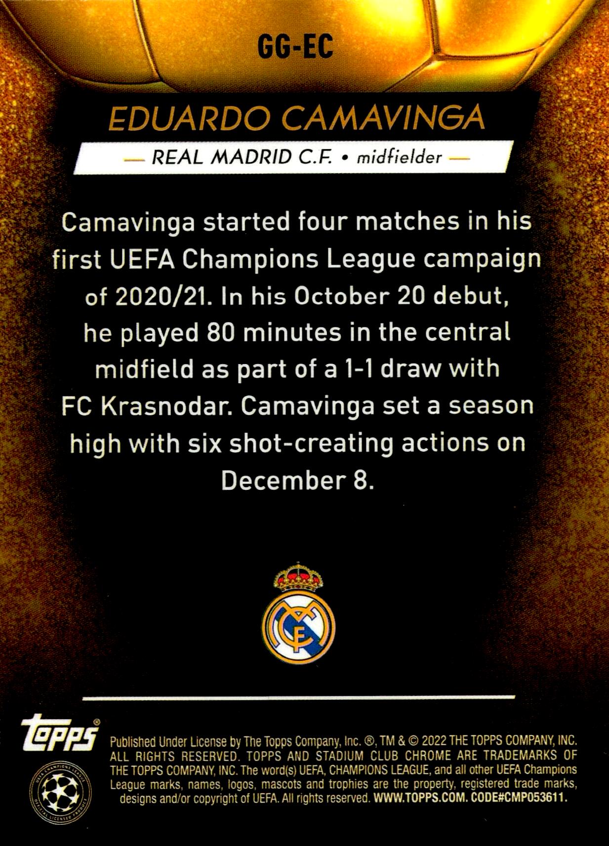 TOPPS STADIUM CLUB CHROME UCL 2021/2022 - CAMAVINGA NºGG EC GLIMPSES OF GOLD