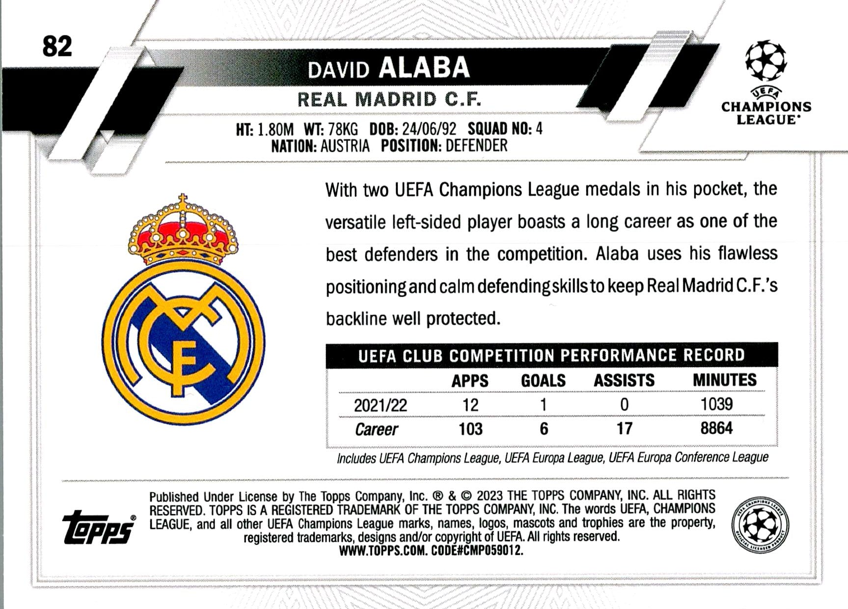 TOPPS UEFA CHAMPIONS LEAGUE 2022/2023 DAVID ALABA Nº82 1ST EDITION