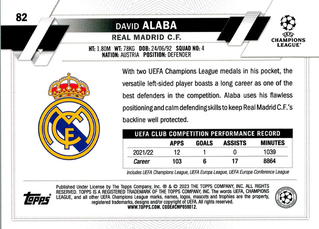 TOPPS UEFA CHAMPIONS LEAGUE 2022/2023 DAVID ALABA Nº82 1ST EDITION