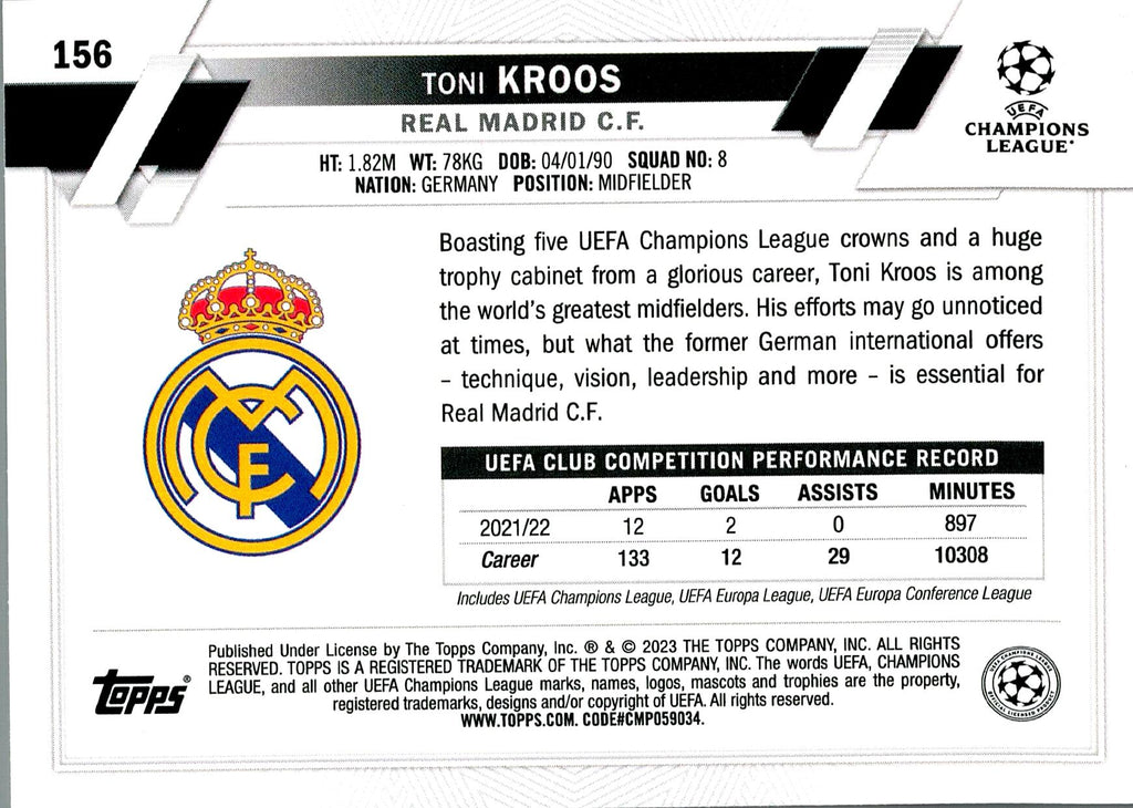 TOPPS UEFA CHAMPIONS LEAGUE 2022/2023 TONI KROOS Nº156