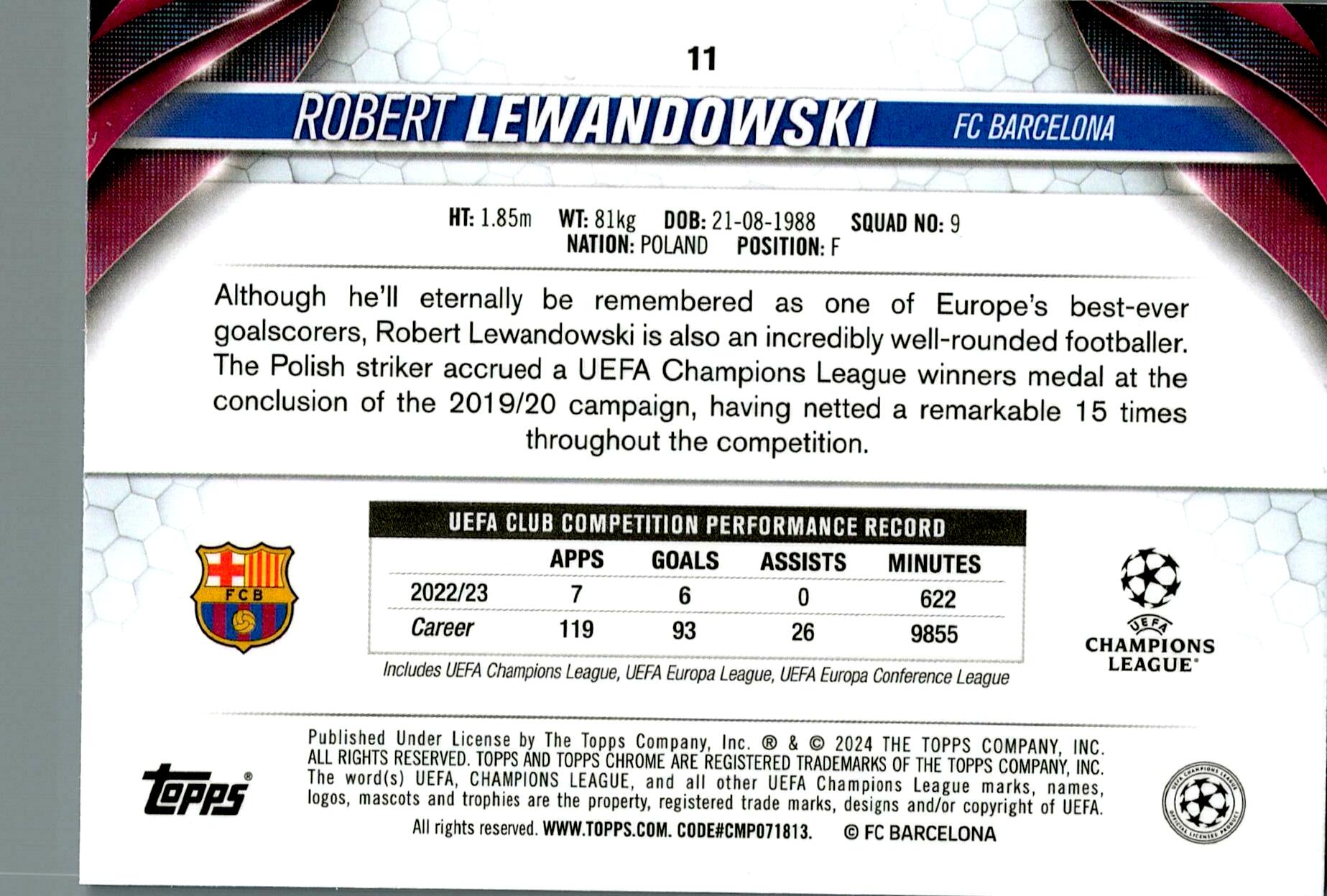 TOPPS CHROME UCL 2023/2024 LEWANDOWSKI Nº11 NUMERADA /150