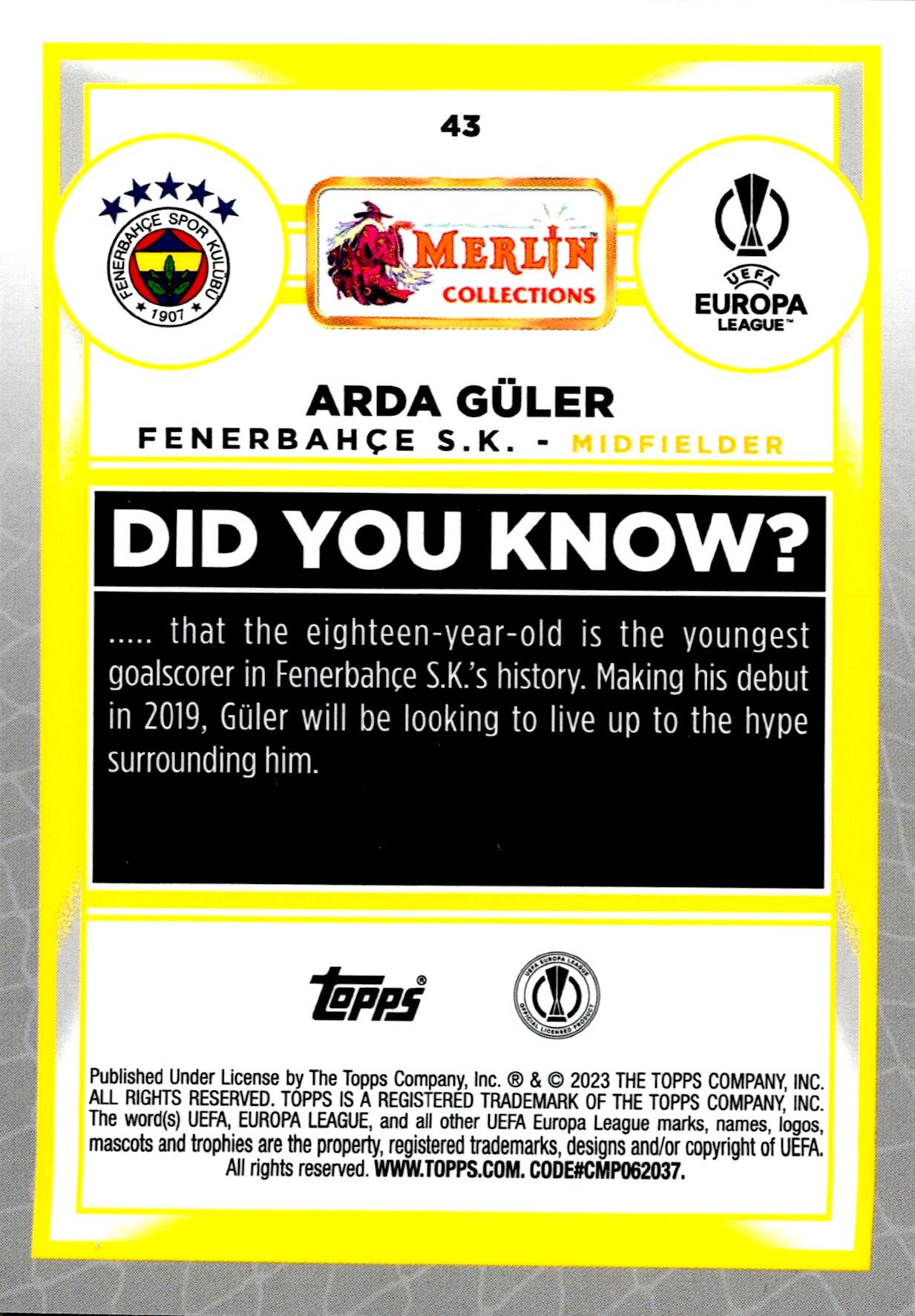 TOPPS MERLIN UEL 2022/2023 ARDA GÜLER Nº43 ROOKIE