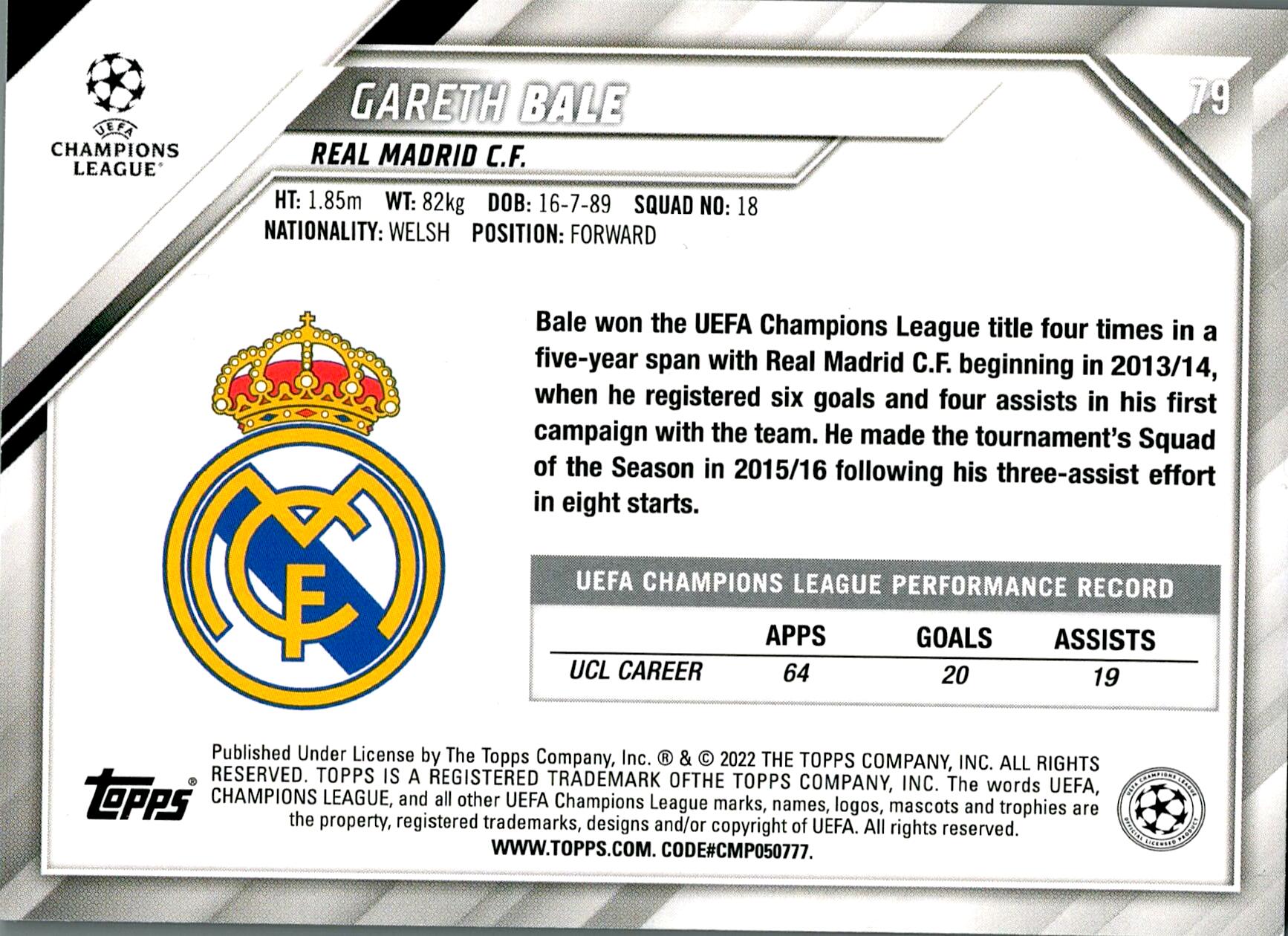 TOPPS UCL 2021/2022 GARETH BALE Nº79 JADE