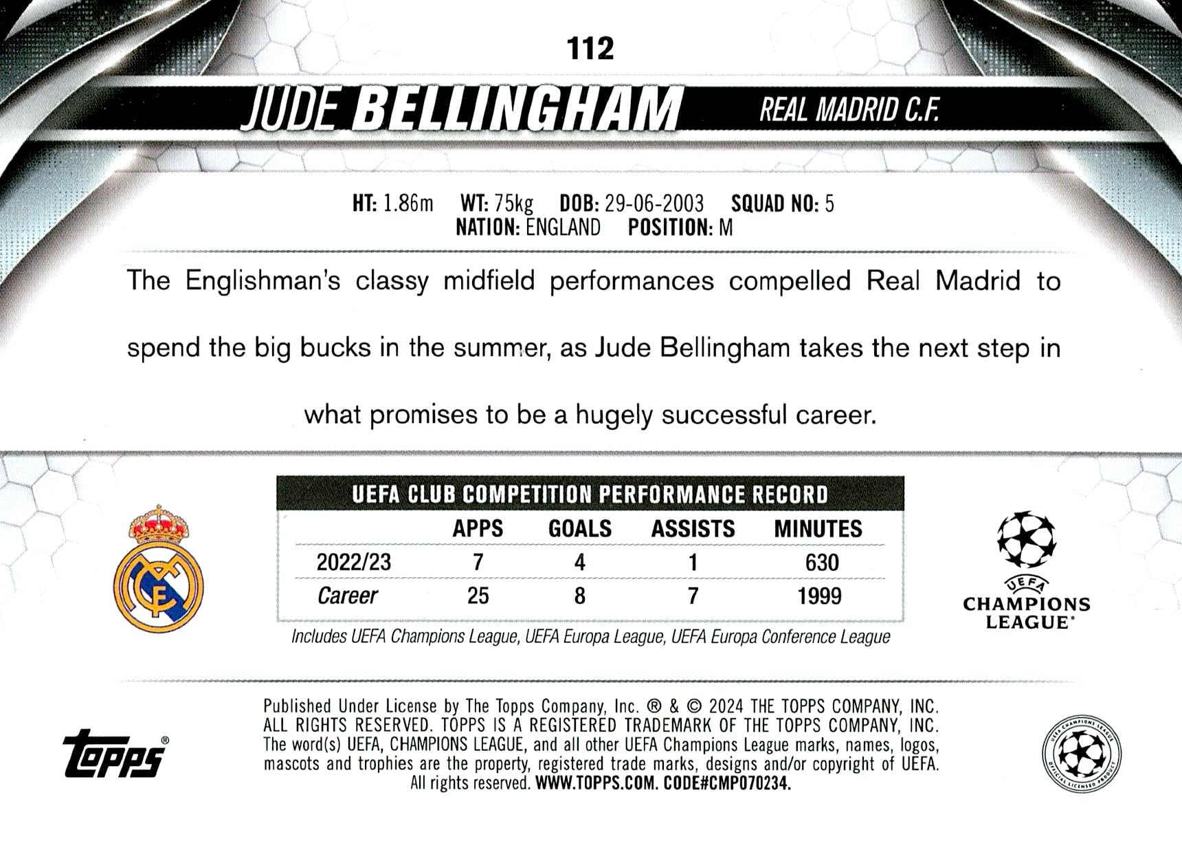 TOPPS CHROME 2023/2024 BELLINGHAM PINK REFRACTOR Nº112