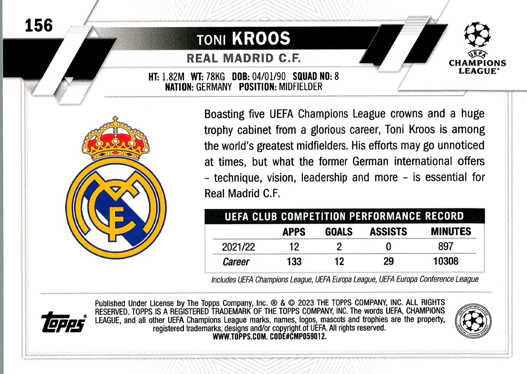 TOPPS UEFA CHAMPIONS LEAGUE 2022/2023 TONI KROOS Nº156 1ST EDITION
