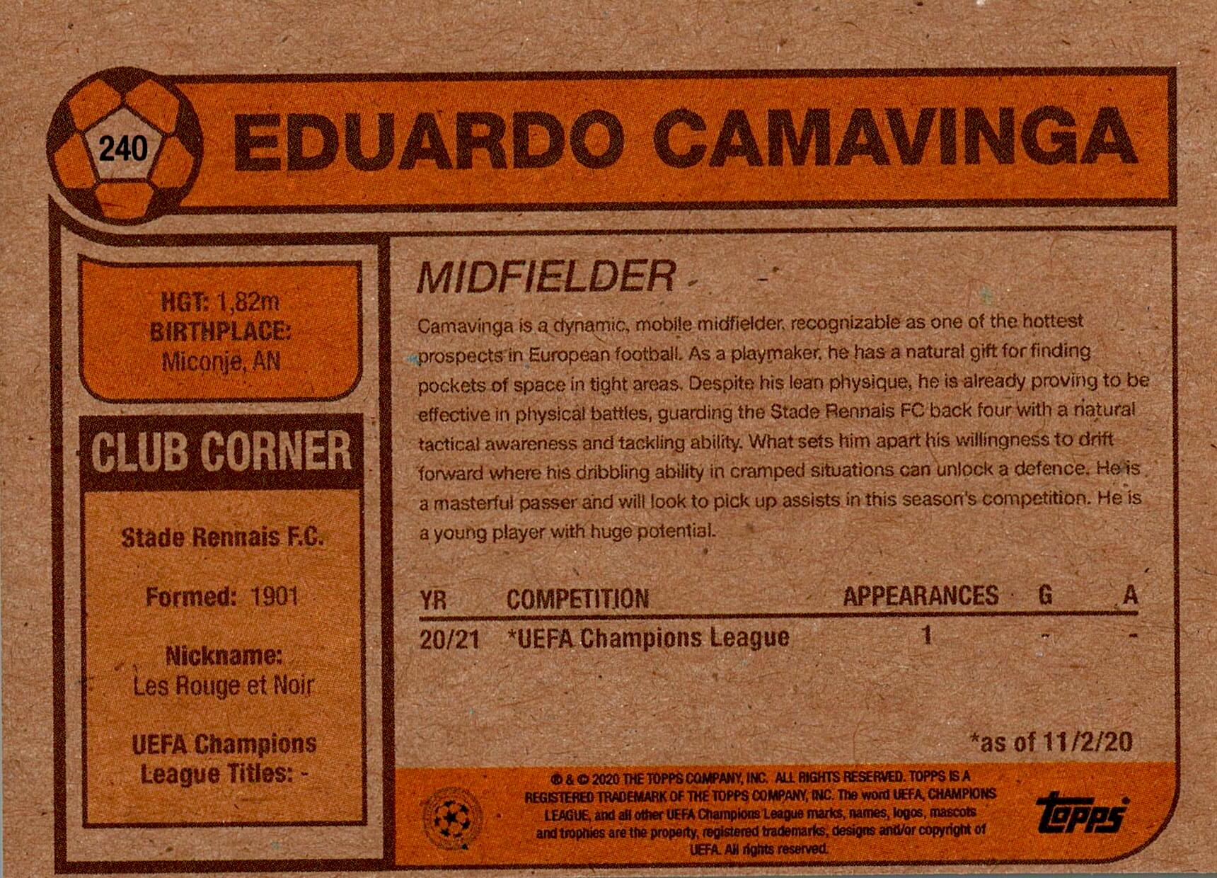 TOPPS LIVING SET 2020 CAMAVINGA ROOKIE Nº240