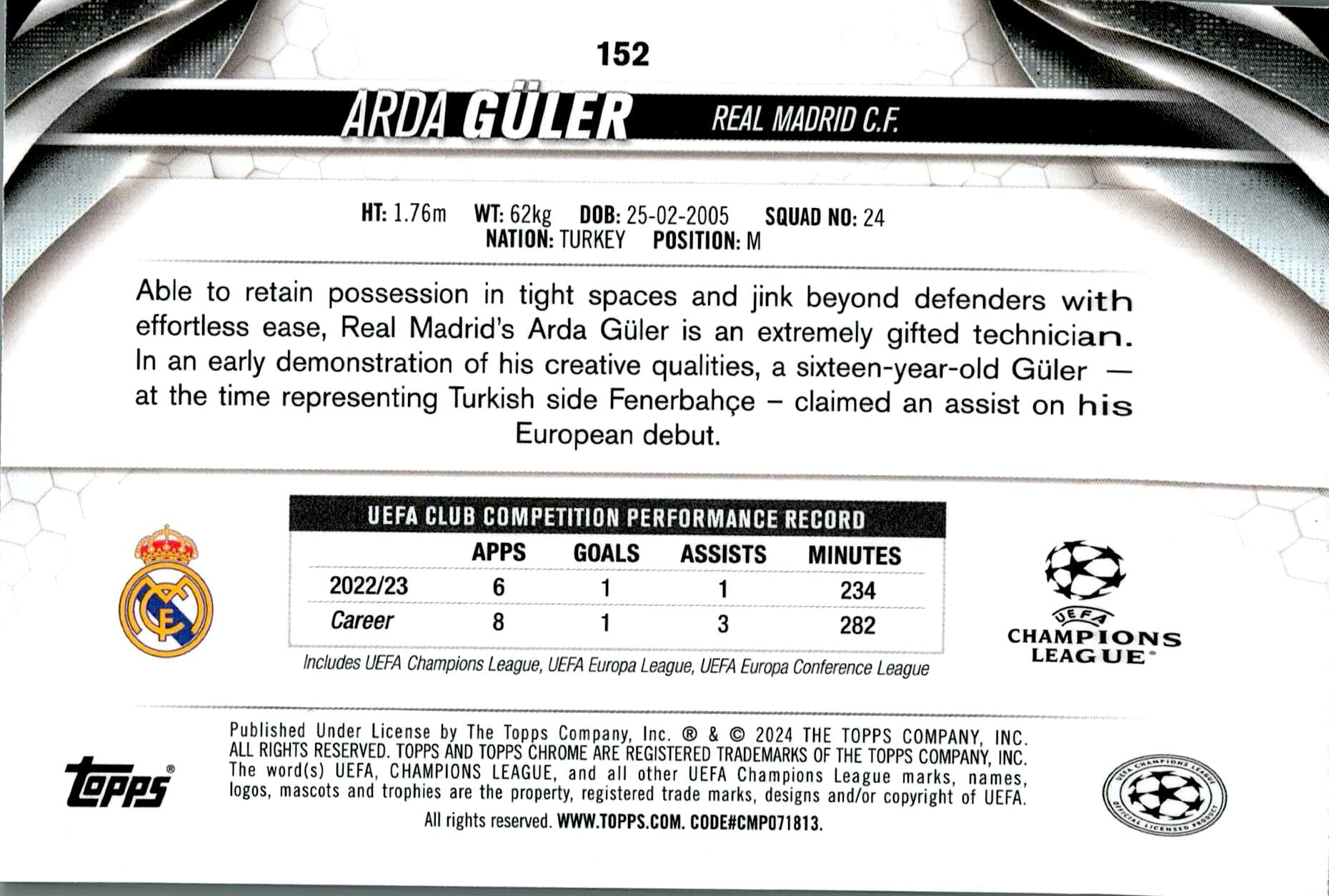 TOPPS CHROME UCL 2023/2024 ARDA GÜLER BLUE PARALLEL Nº152 ALL STARS ROOKIE