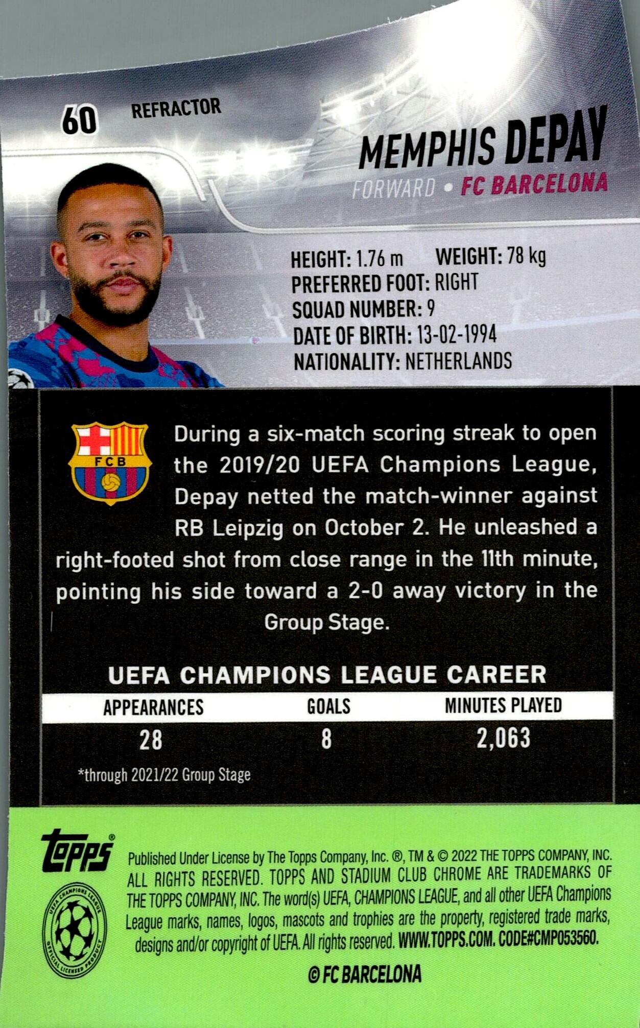 TOPPS STADIUM CHROME 2021/2022 MEMPHIS DEPAY Nº60