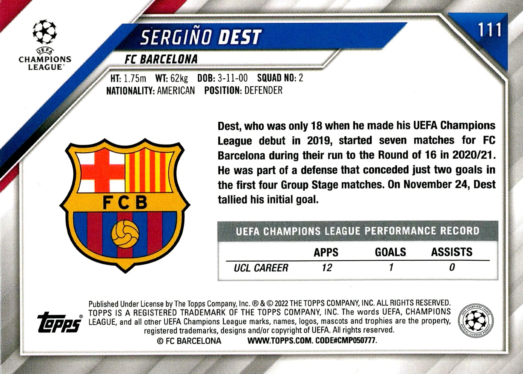 TOPPS UEFA CHAMPIONS LEAGUE 2021/2022 SERGIÑO DEST Nº111 1ST