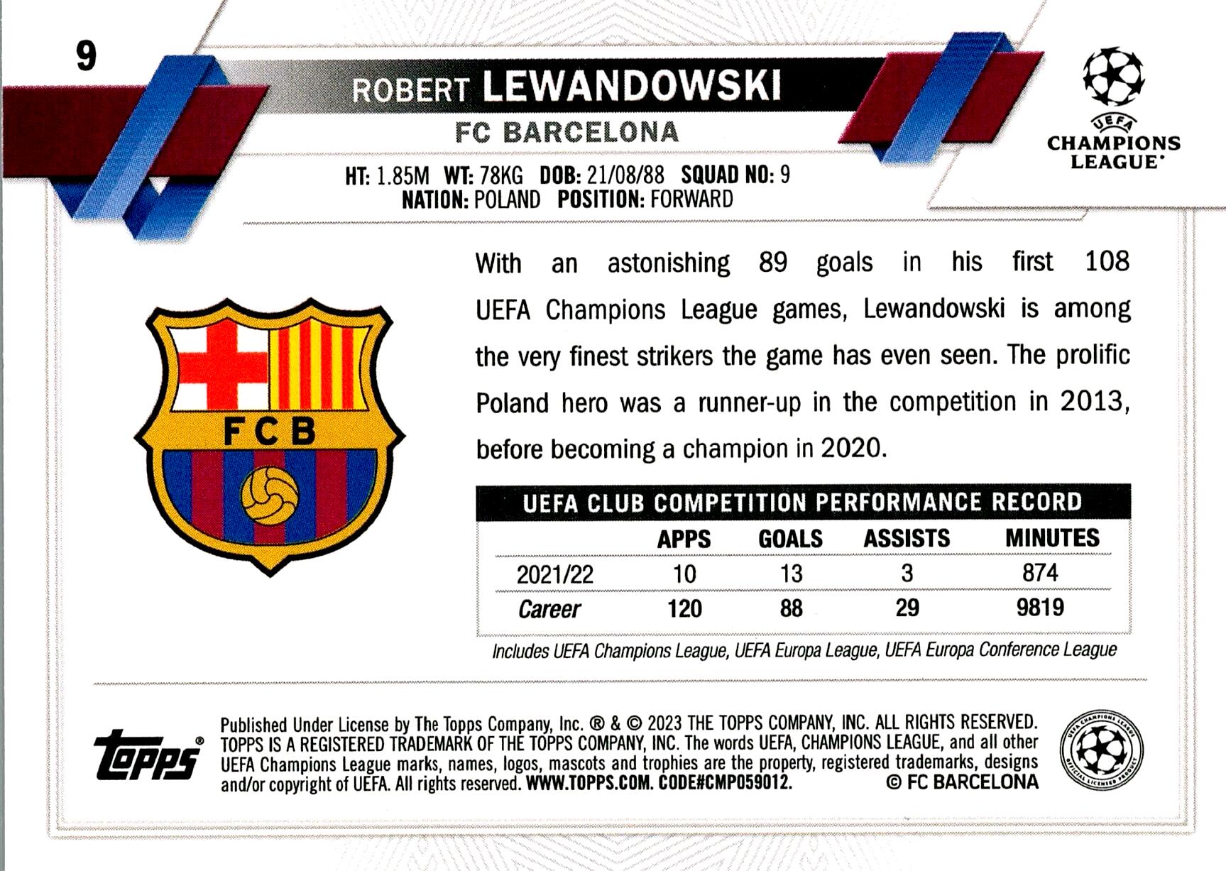 TOPPS UEFA CHAMPIONS LEAGUE 2022/2023 LEWANDOWSKI Nº9 1ST
