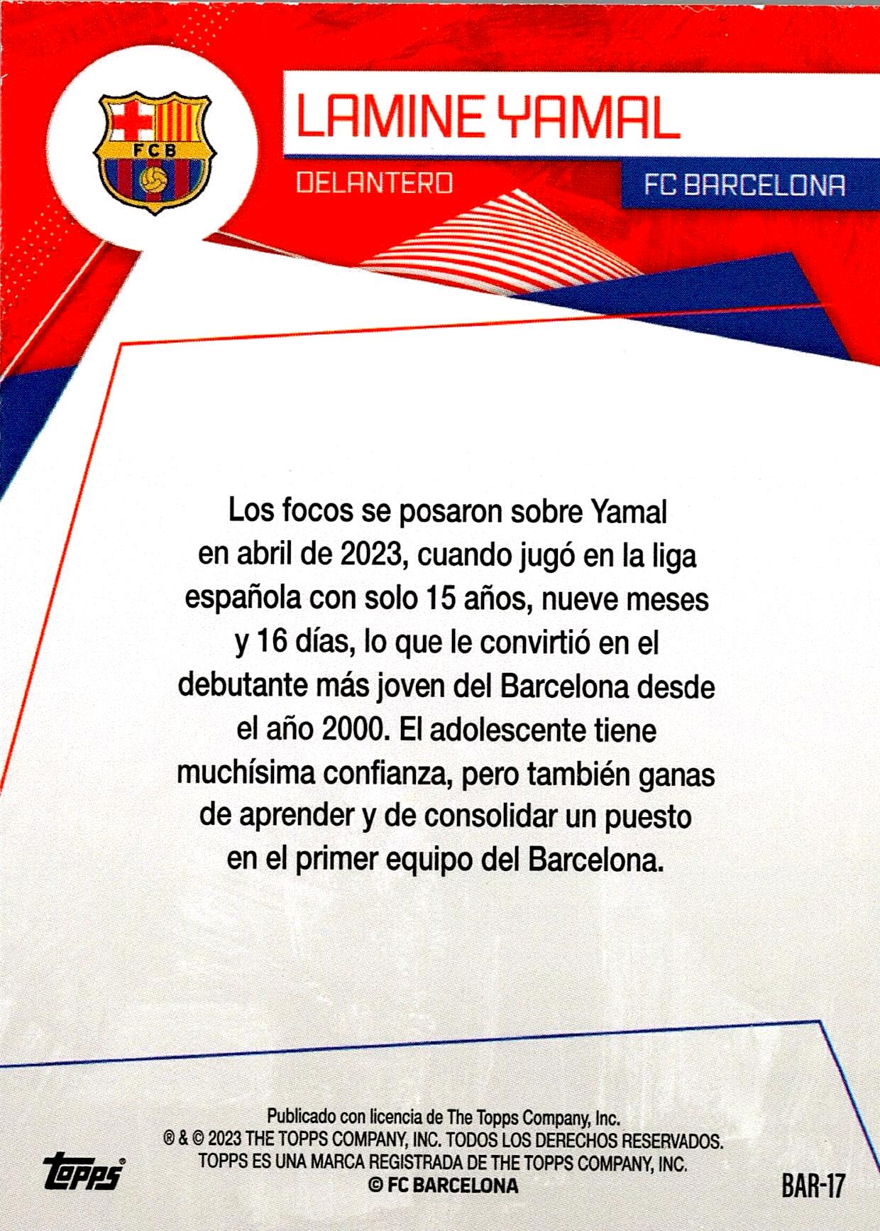 TOPPS FC BARCELONA LAMINE YAMAL NºBAR-17 ROOKIE
